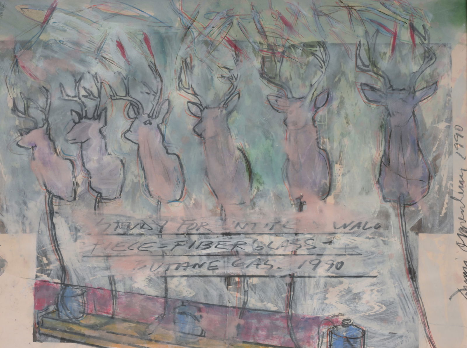 Dennis Oppenheim (1938-2011): 'Study for untitled wall piece...', mixed media on paper, dated 1990: Dennis Oppenheim (1938-2011): 'Study for untitled wall piece...', mixed media on paper, dated 1990 Work: 127 x 98,5 cm Frame: 144 x 116 cm Provenance: - Private collection, Belgium, East Flanders.