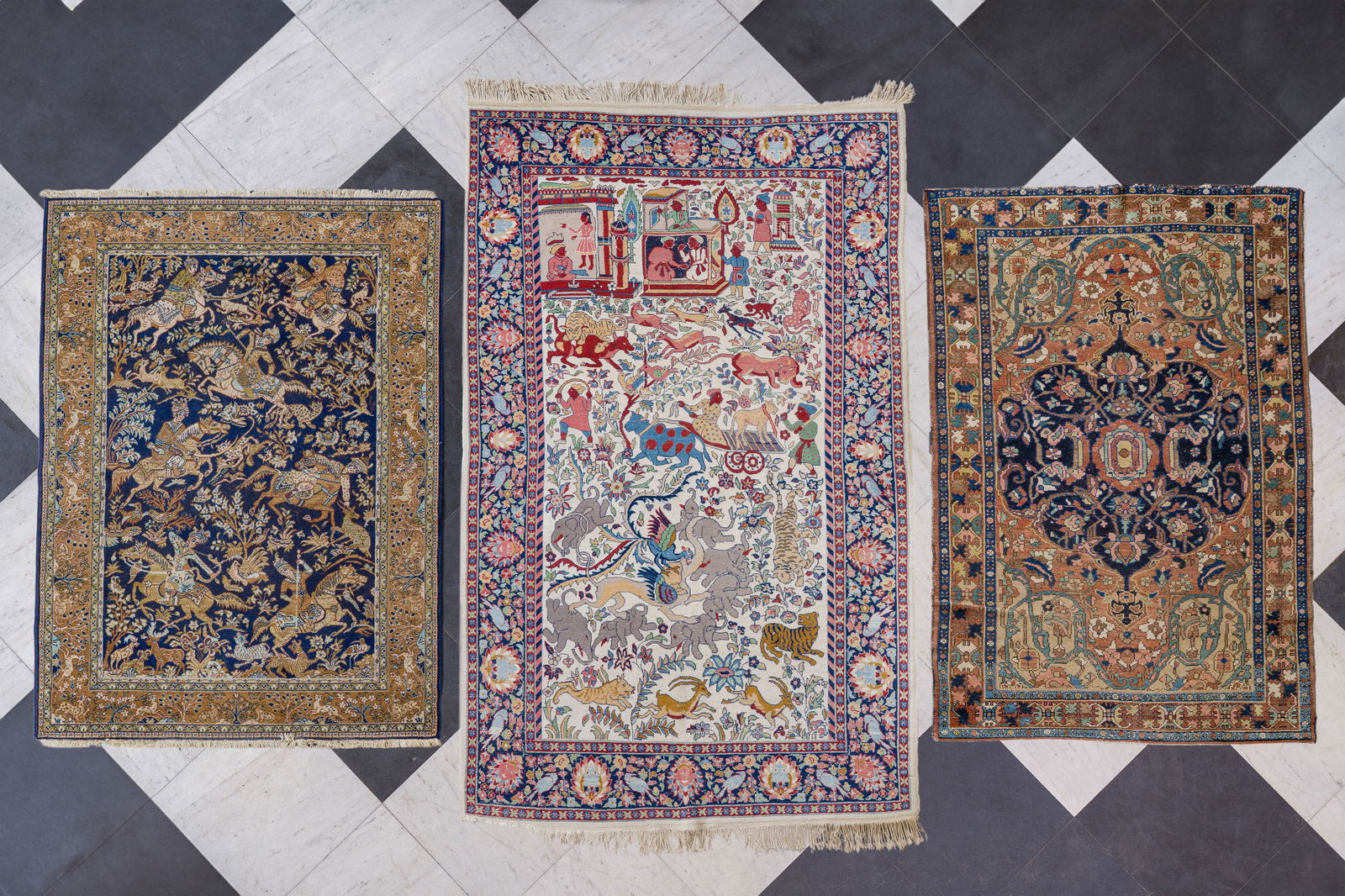 Three Pakistani rugs with hunting scenes and floral design, wool on cotton, 20th C.: Three Pakistani rugs with hunting scenes and floral design, wool on cotton, 20th C. 250 x 158 cm 191 x 131 cm 189 x 138 cm