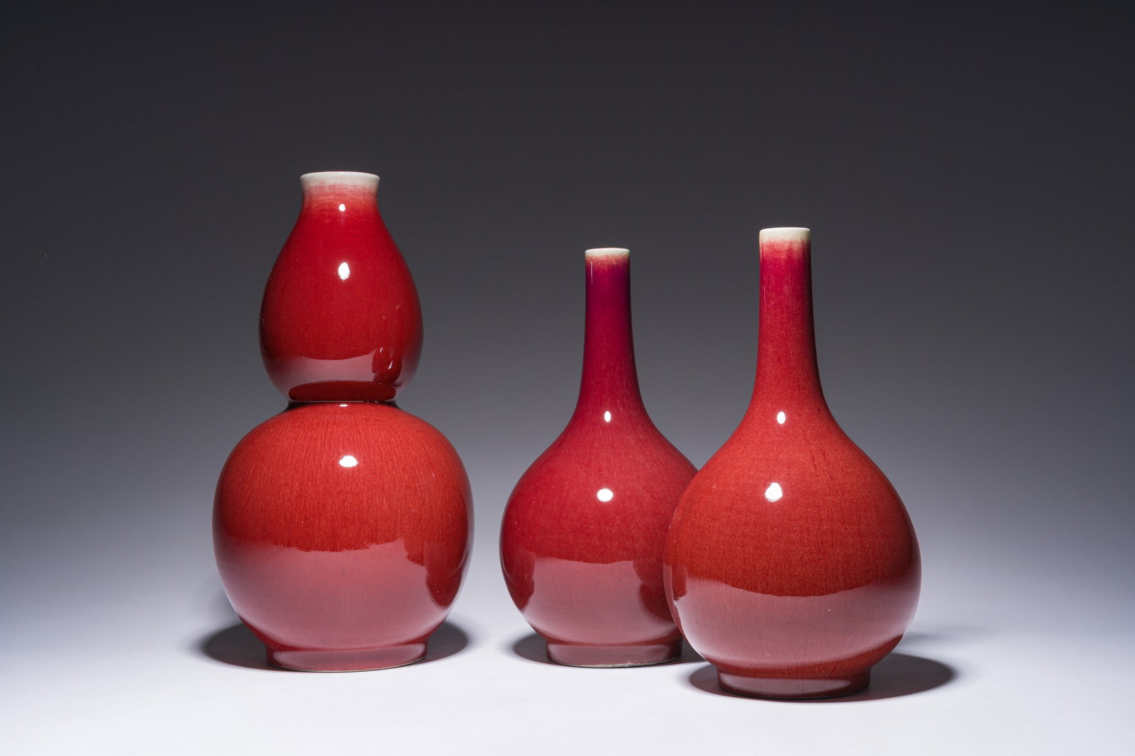 A pair of Chinese langyao bottle vases and a double gourd vase, Qianlong mark, 20th C. (1 of 7)