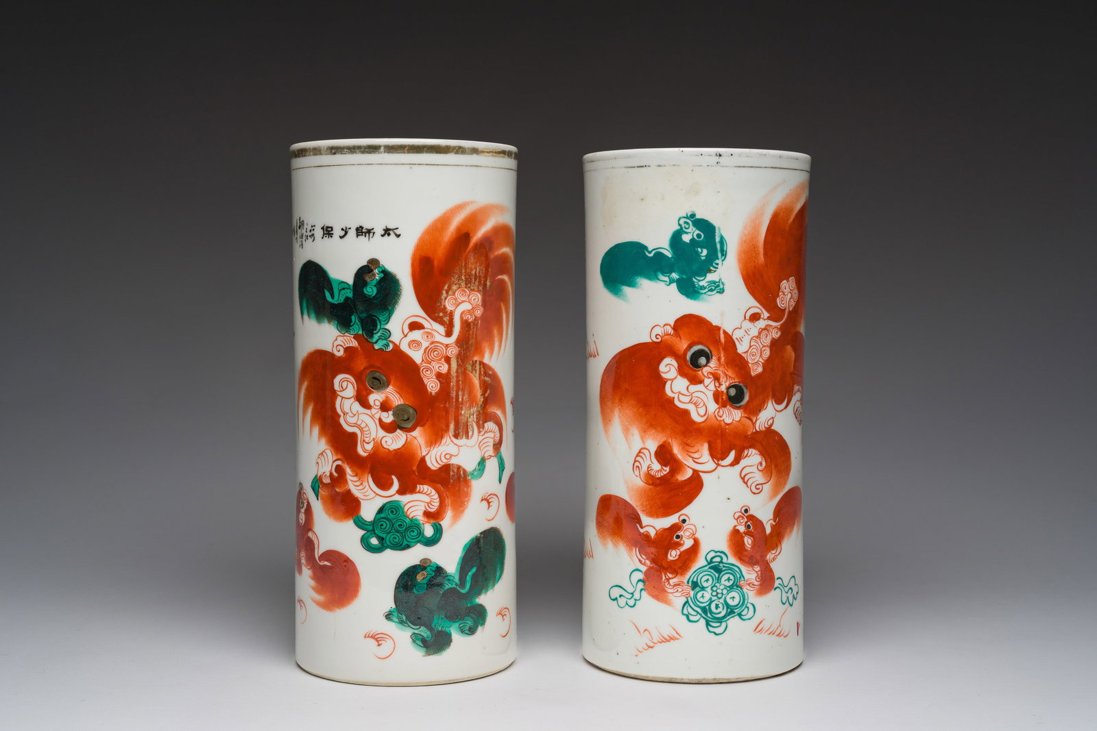 Two Chinese iron-red 'Buddhist lions' hat stands, 19th/20th C. (1 of 8)