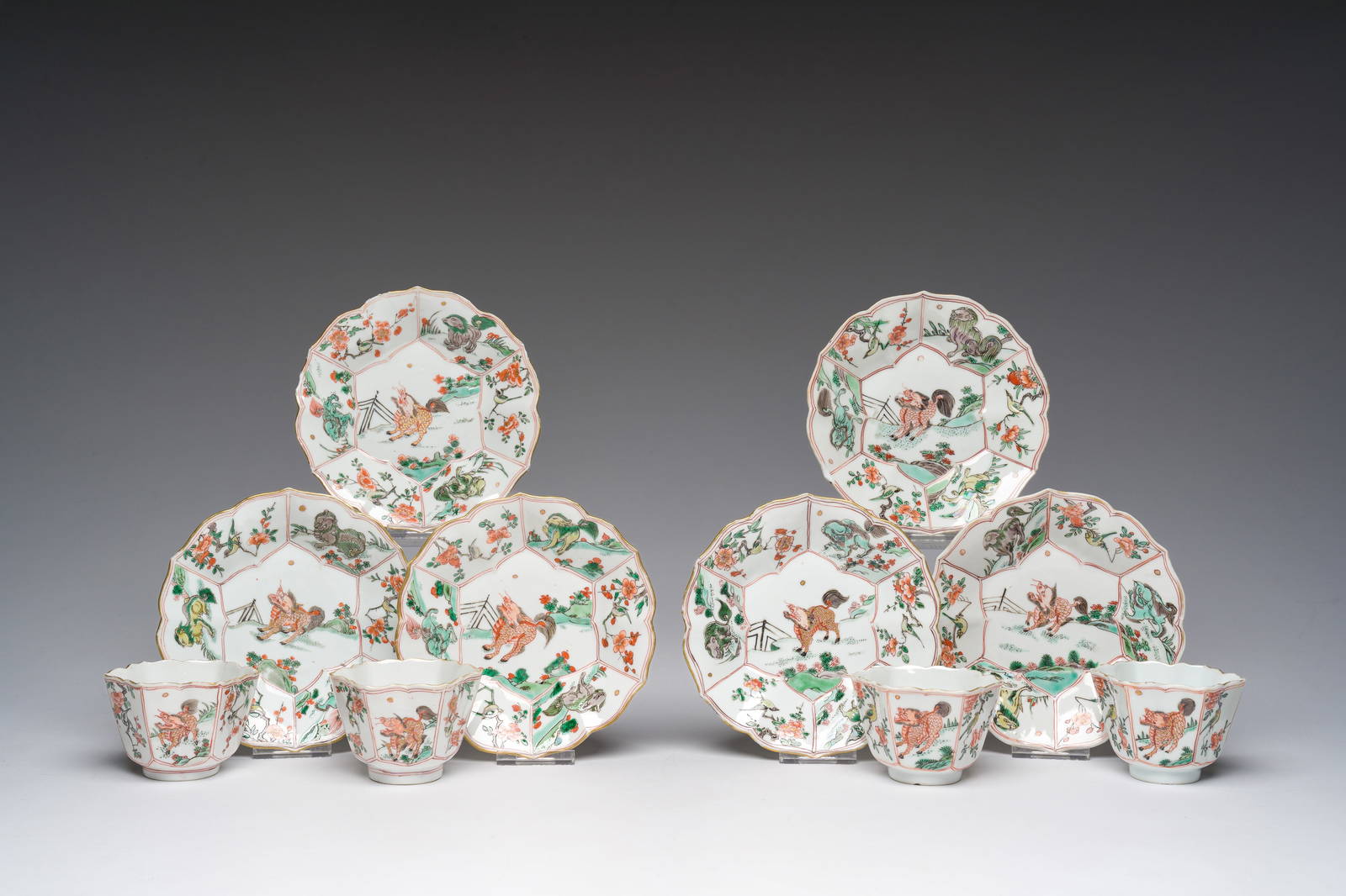 Six Chinese famille verte 'Kylin' saucers and four cups, Kangxi
