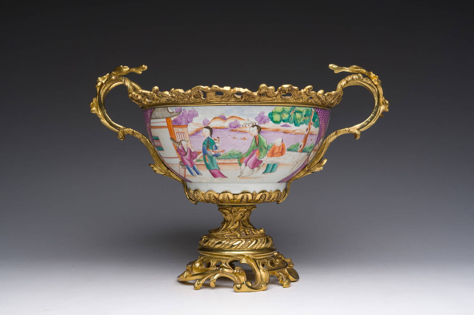 A Chinese gilt bronze mounted famille rose 'Mandarin' bowl, Qianlong