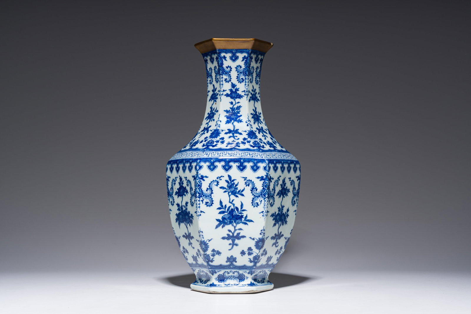 A Chinese blue and white hexagonal 'sanduo' vase, Qianlong mark and of the period (1 of 6)