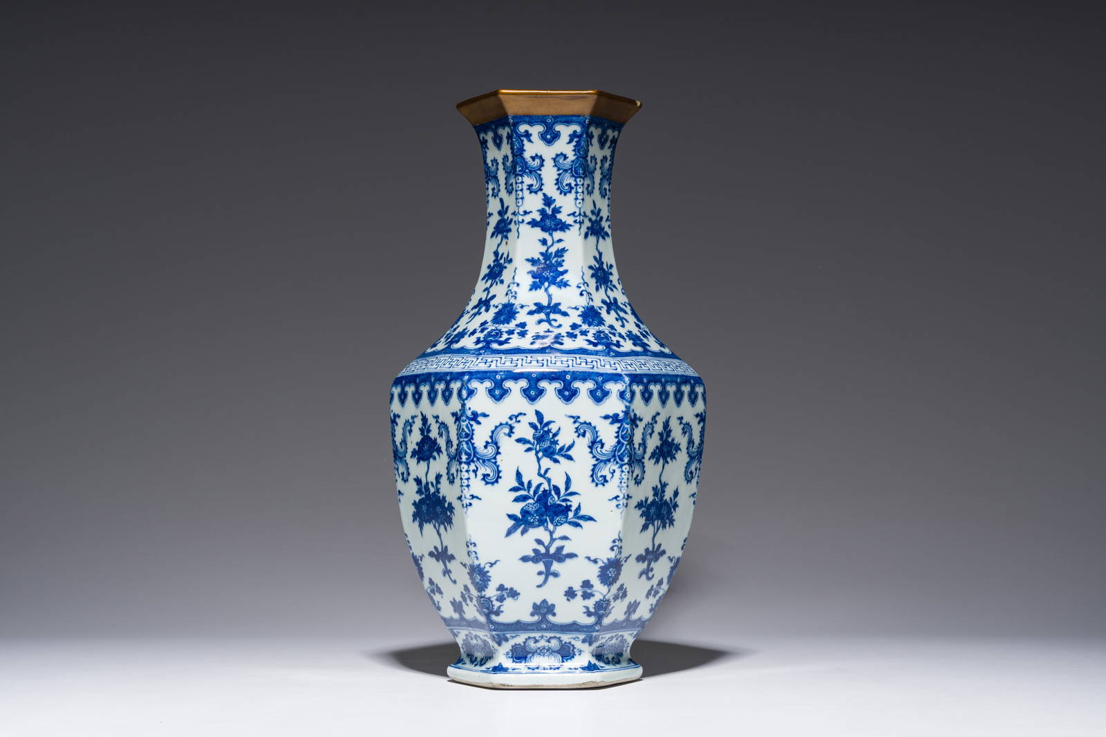 A Chinese blue and white hexagonal 'sanduo' vase, Qianlong mark and of the period