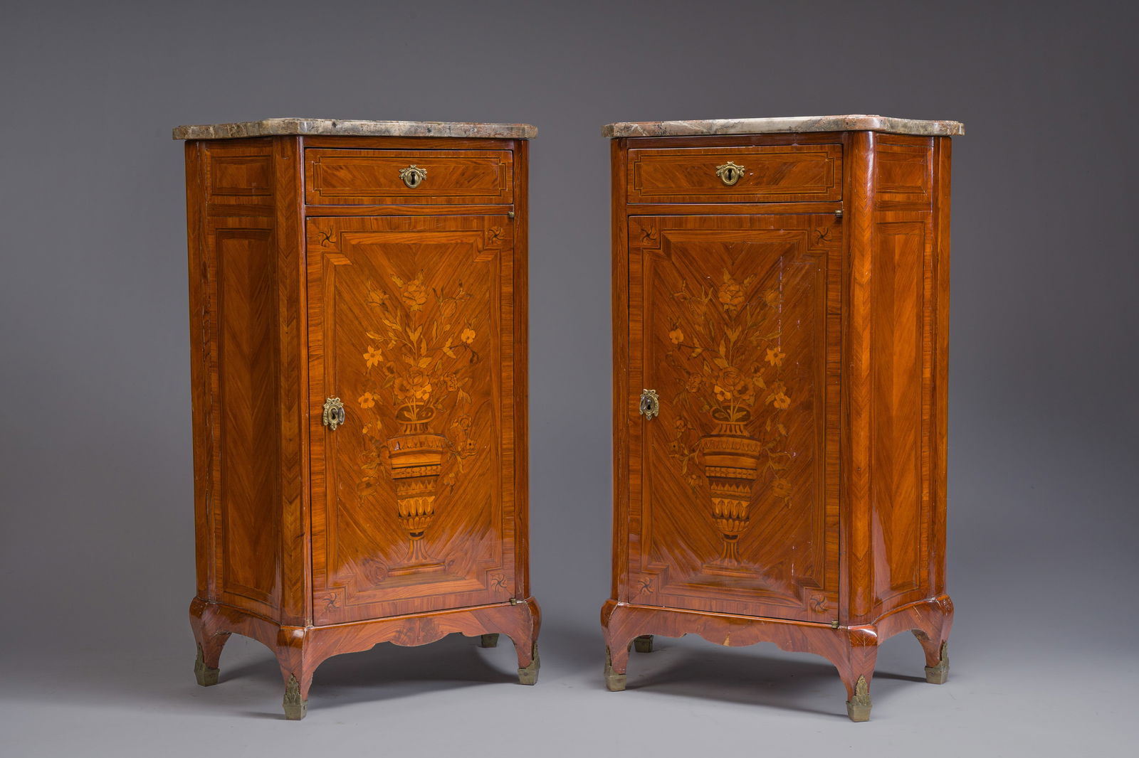 A pair of French Louis XVI style single door hall cabinets with floral marquetry, gilt bronze mounts (1 of 7)