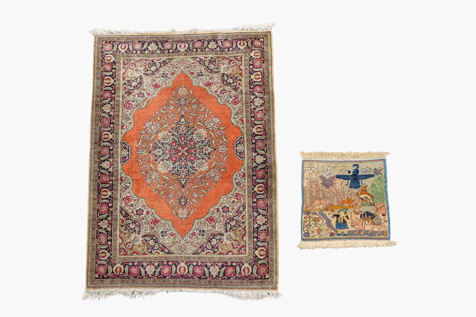 A Persian Qom (Qum/Ghom) silk rug with floral design and a Tabriz rug with animals, 20th C. (1 of 6)