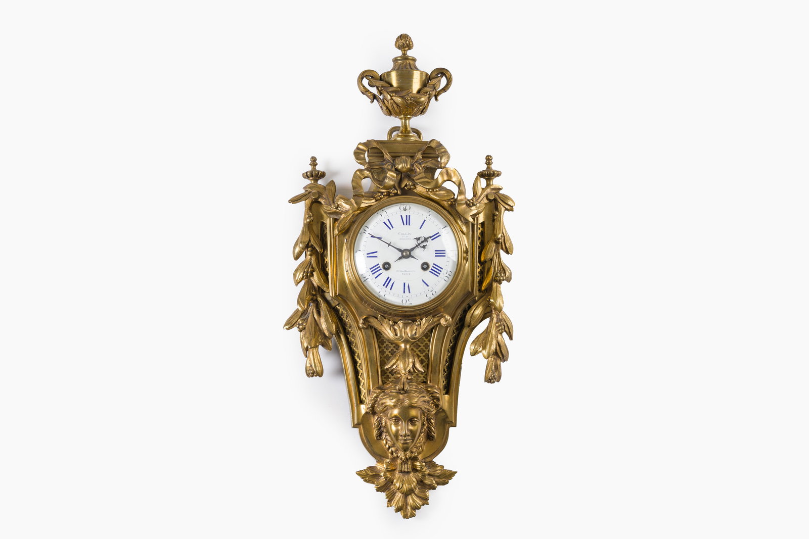 A French gilt bronze Louis XVI style cartel clock with a mascaron and floral design, Collin à (1 of 14)