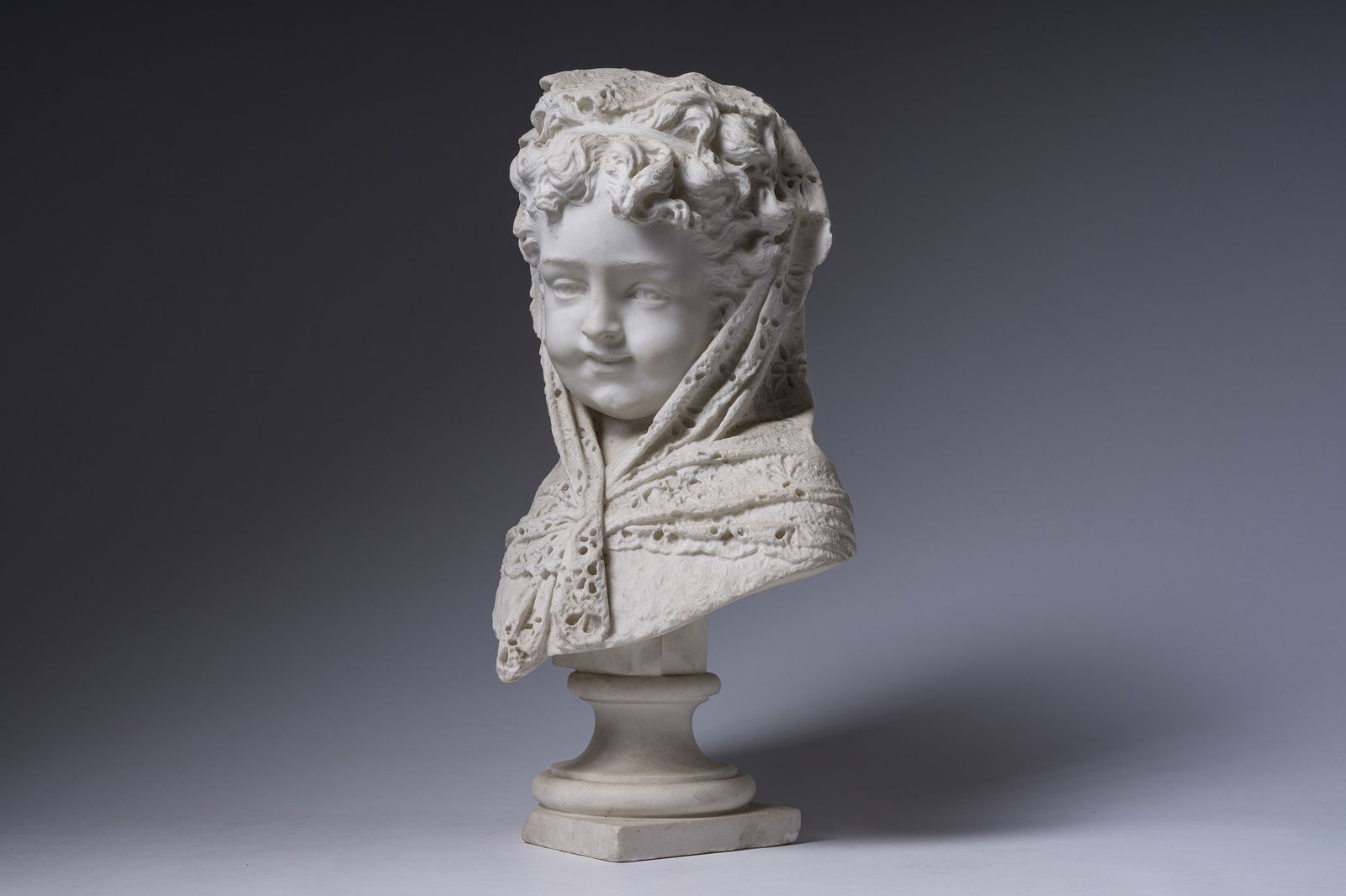 Antonio Argenti (1845-1916): Bust of a girl with a scarf, marble, Milan: Antonio Argenti (1845-1916): Bust of a girl with a scarf, marble, Milan H 49 cm
