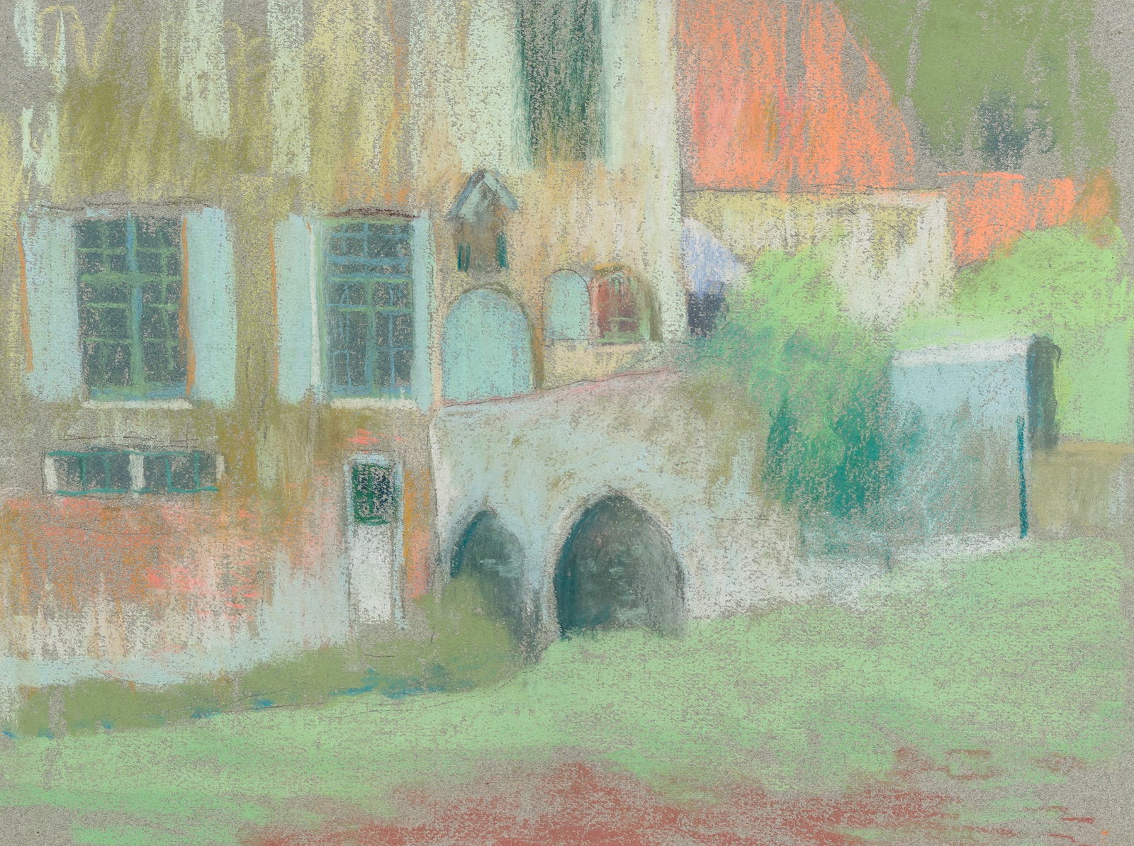 Rodolphe De Saegher (1871-1941): View of a house with garden, pastel on paper (1 of 4)