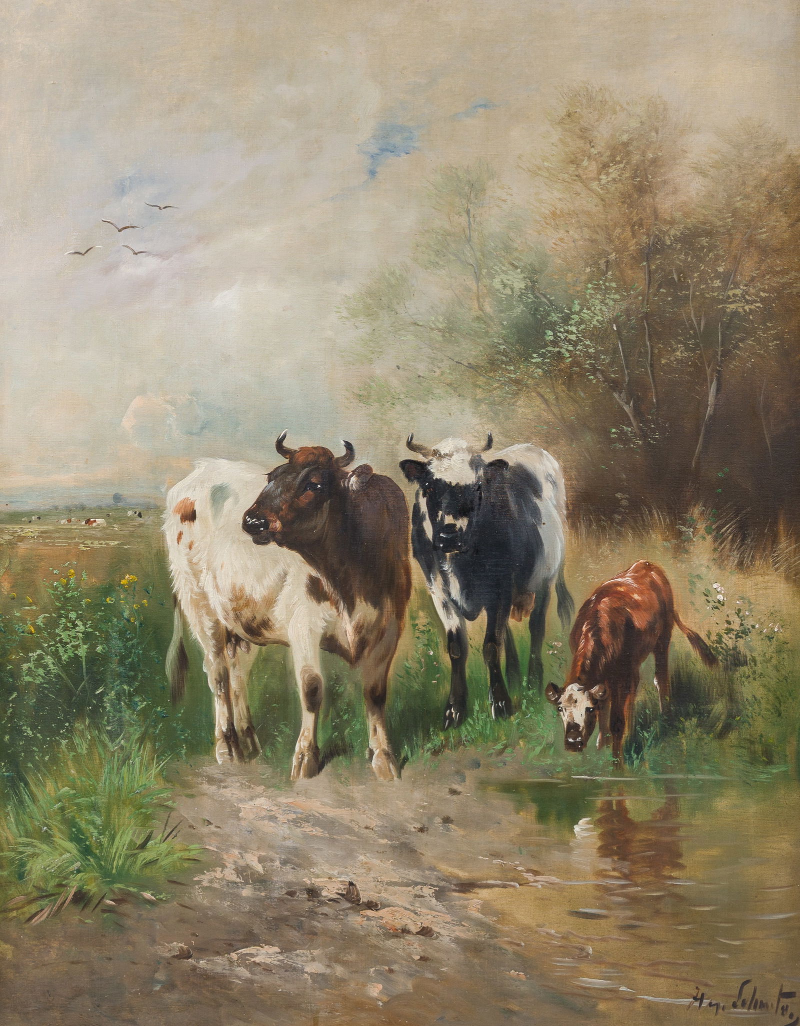Henry Schouten (1860-1927): Cows in a landscape at the edge of a watering hole, oil on canvas (1 of 5)