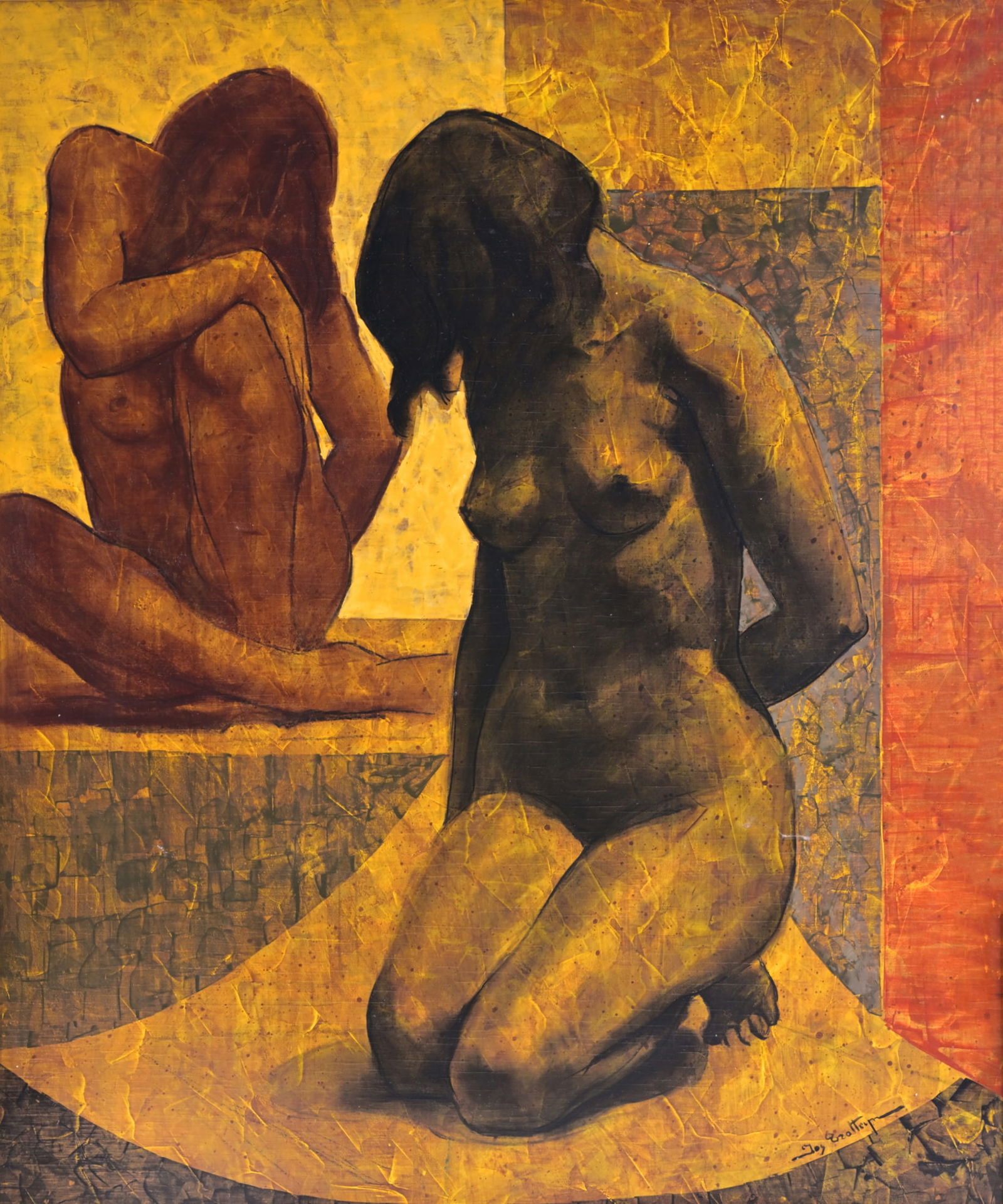 Jos Trotteyn (1910-2002): 'Twee ingetogen figuren', tempera on board (1 of 4)