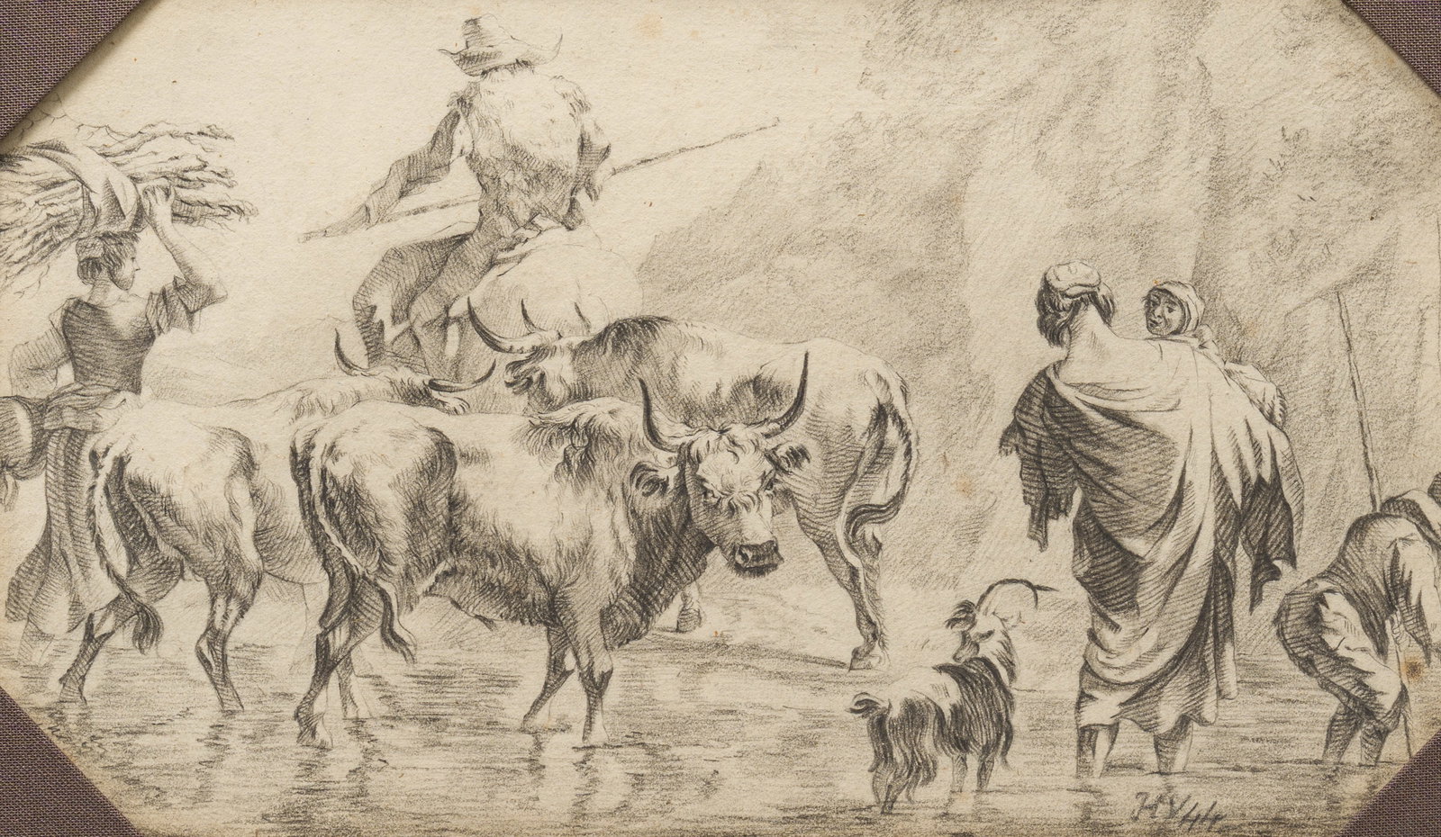 Monogrammed H.V. (Horace Vernet, 1789-1863, attributed to): Farmers and cattle by a pond, pencil on (1 of 4)