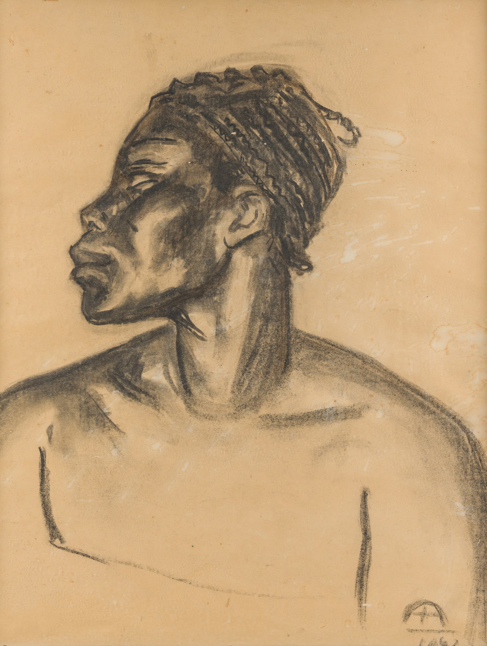 Monogrammed A.M. (?, possibly Auguste Mambour, 1896-1968): Portrait of an African lady, charcoal on (1 of 5)