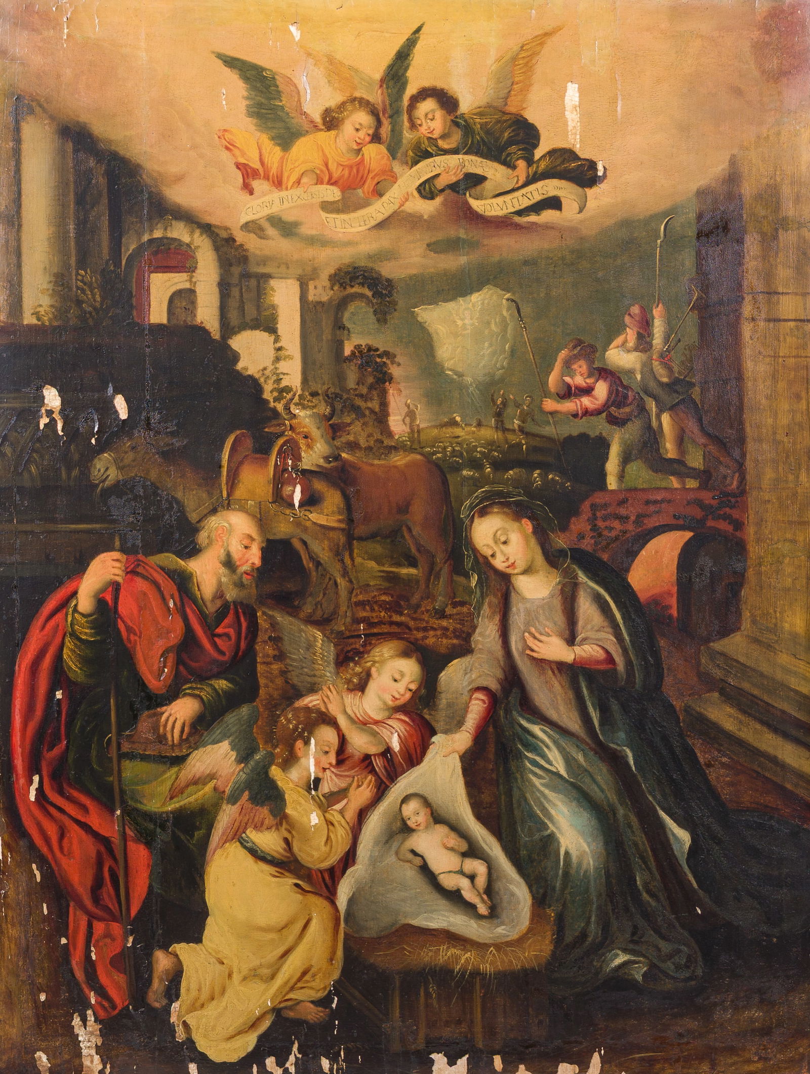 Flemish school, follower of Maerten de Vos (1532-1603): Adoration of the shepherds, oil on panel, (1 of 3)