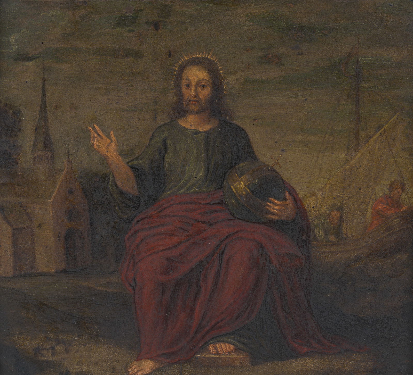 Flemish school: Salvator Mundi, oil on copper, late 17th C.: Flemish school: Salvator Mundi, oil on copper, late 17th C. Work: 27,5 x 25,5 cm Frame: 49 x 46 cm