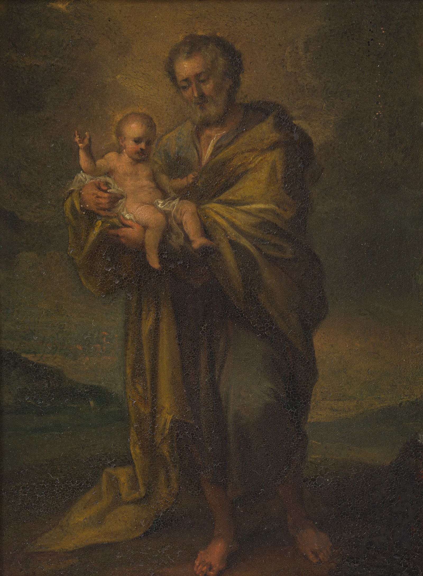 Flemish school: Saint Joseph with the Infant Jesus, oil on copper, late 17th C.: Flemish school: Saint Joseph with the Infant Jesus, oil on copper, late 17th C. Work: 21 x 16 cmFrame: 37,5 x 32,5 cm