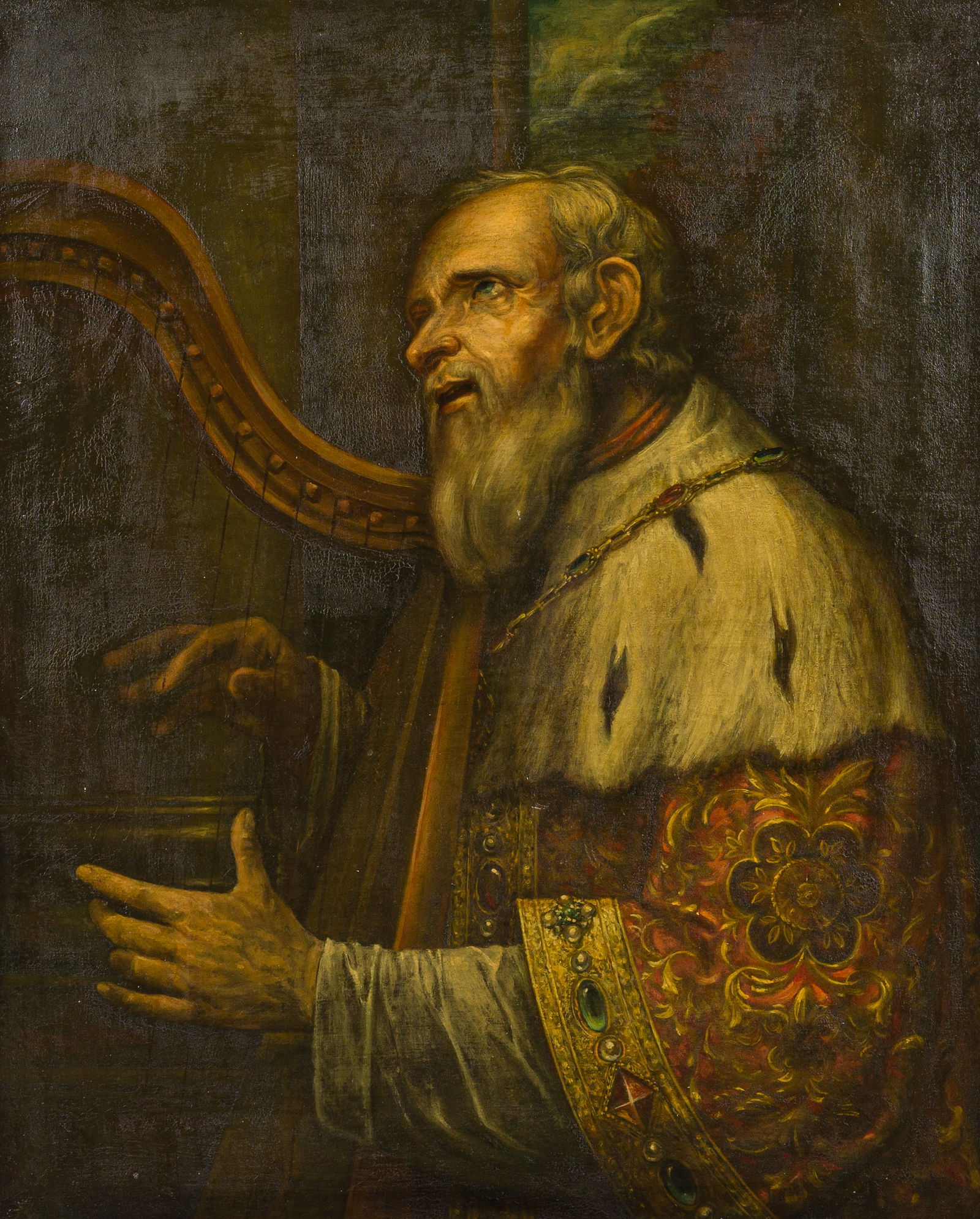 European school, follower of Peter Paul Rubens (1577-1640): King David playing the harp, oil on: European school, follower of Peter Paul Rubens (1577-1640): King David playing the harp, oil on canvas, 19th C. Work: 84 x 68 cmFrame: 98 x 82 cm The frame with a label referring to the painter Ernest