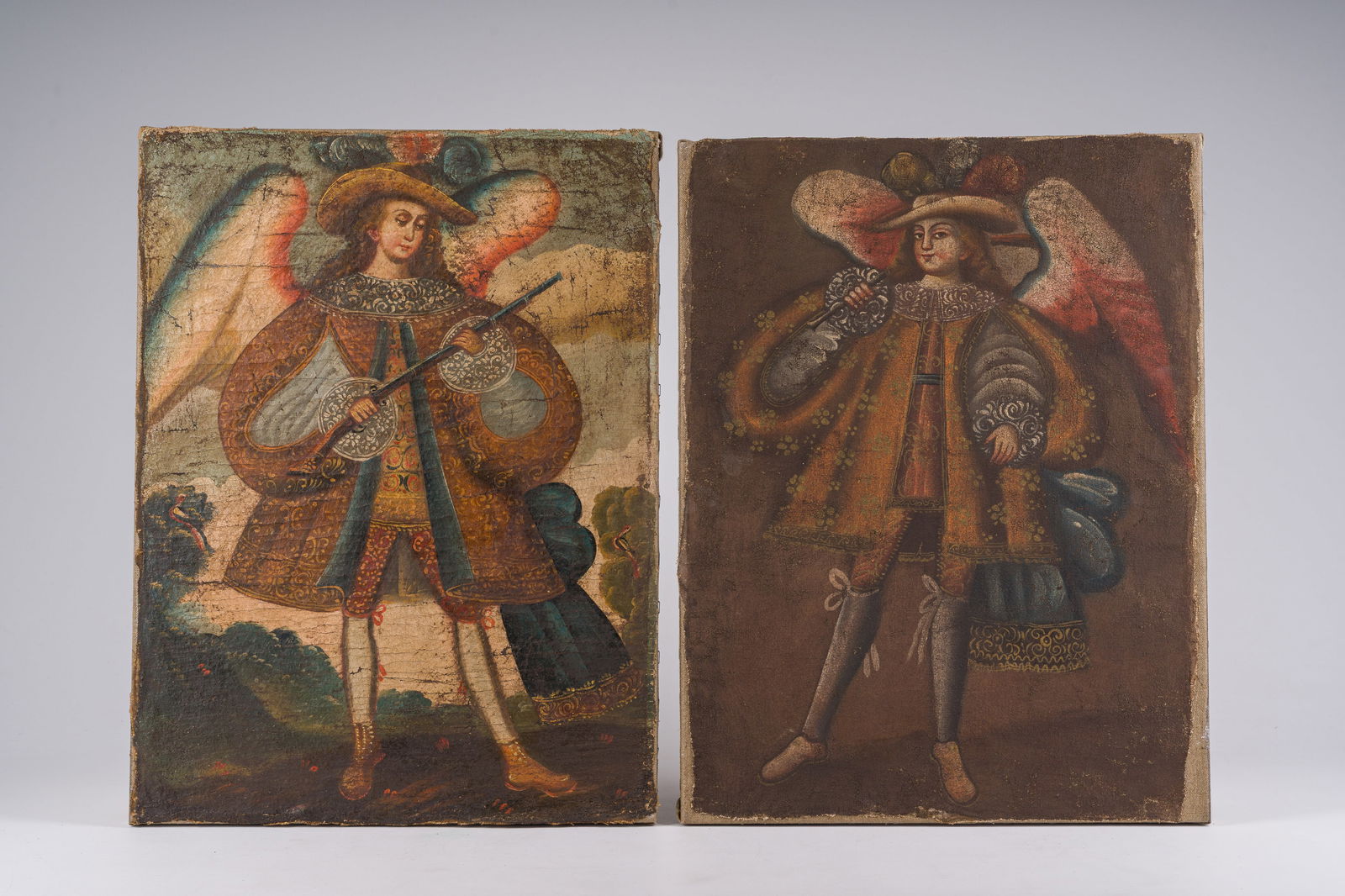Cusco School, Peru: An angel with an arquebus and an angel with a flute, oil on canvas, 18th C. (1 of 6)