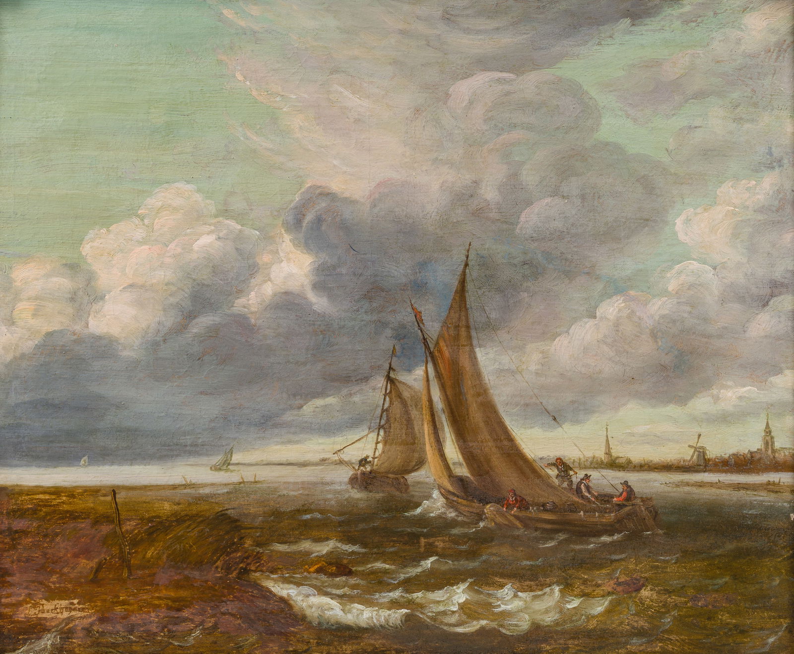 Dutch school, in the manner of Ludolf Bakhuizen (1630-1708): Fishermen busy at work, oil on panel,: Dutch school, in the manner of Ludolf Bakhuizen (1630-1708): Fishermen busy at work, oil on panel, 17th C. Work: 60 x 49,5 cm Frame: 79 x 69,5 cm