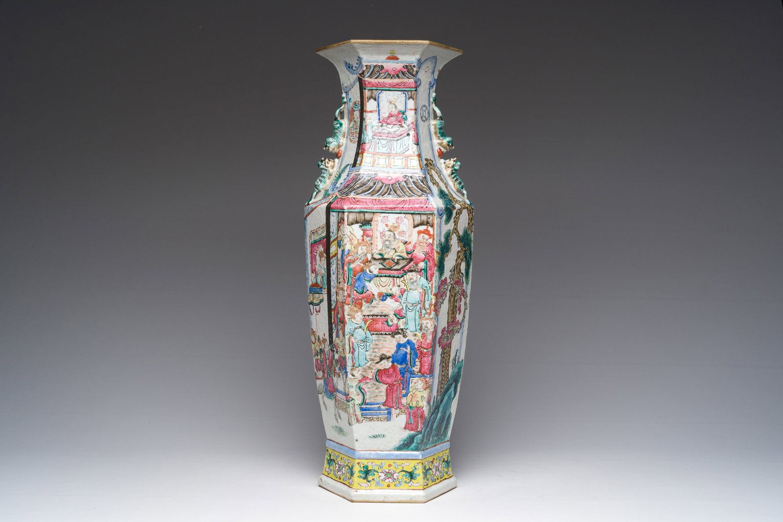 A Chinese hexagonal famille rose vase with figurative design all around, 19th C. (1 of 6)