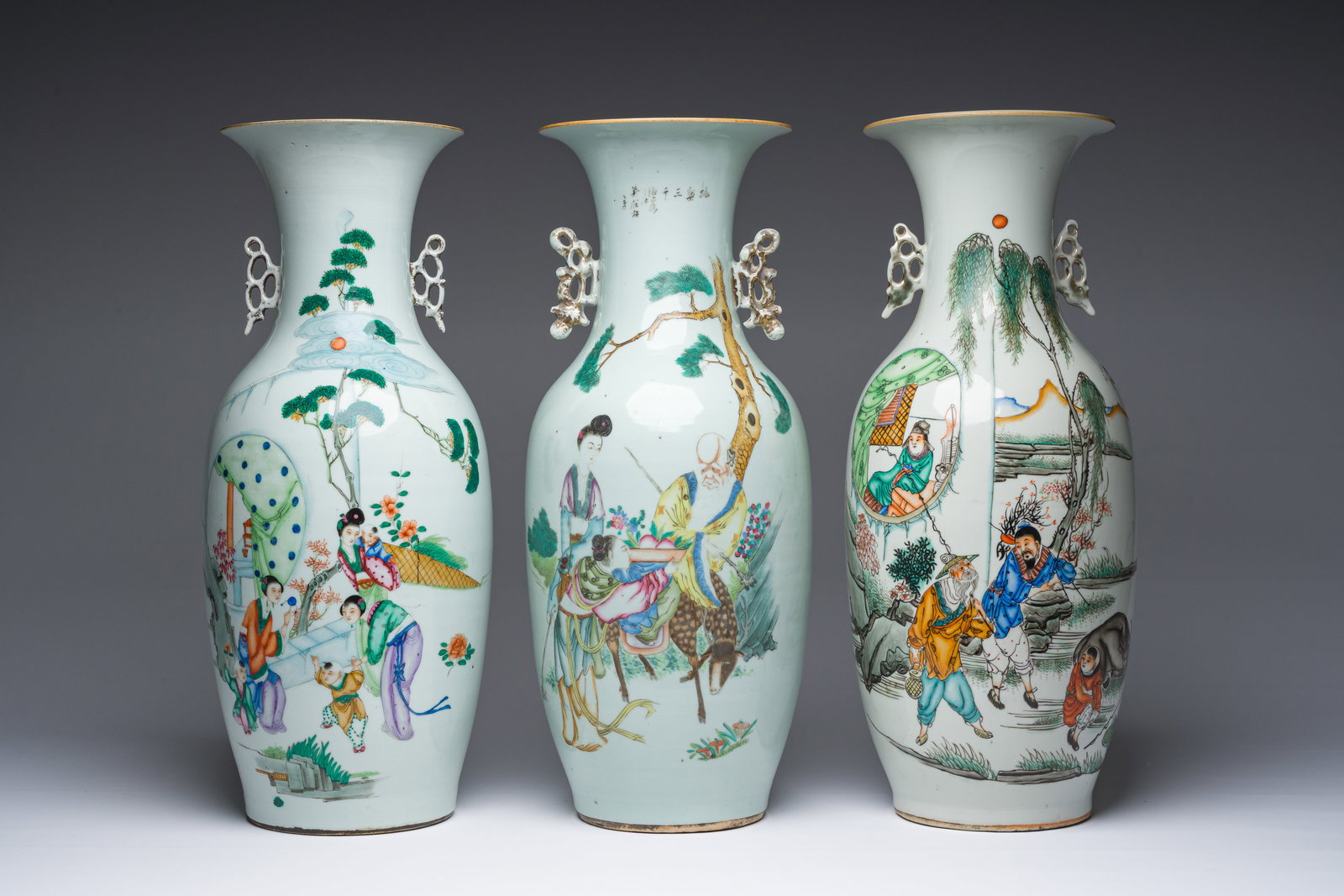 Three Chinese famille rose vases with figurative design, 19th/20th C. (1 of 6)