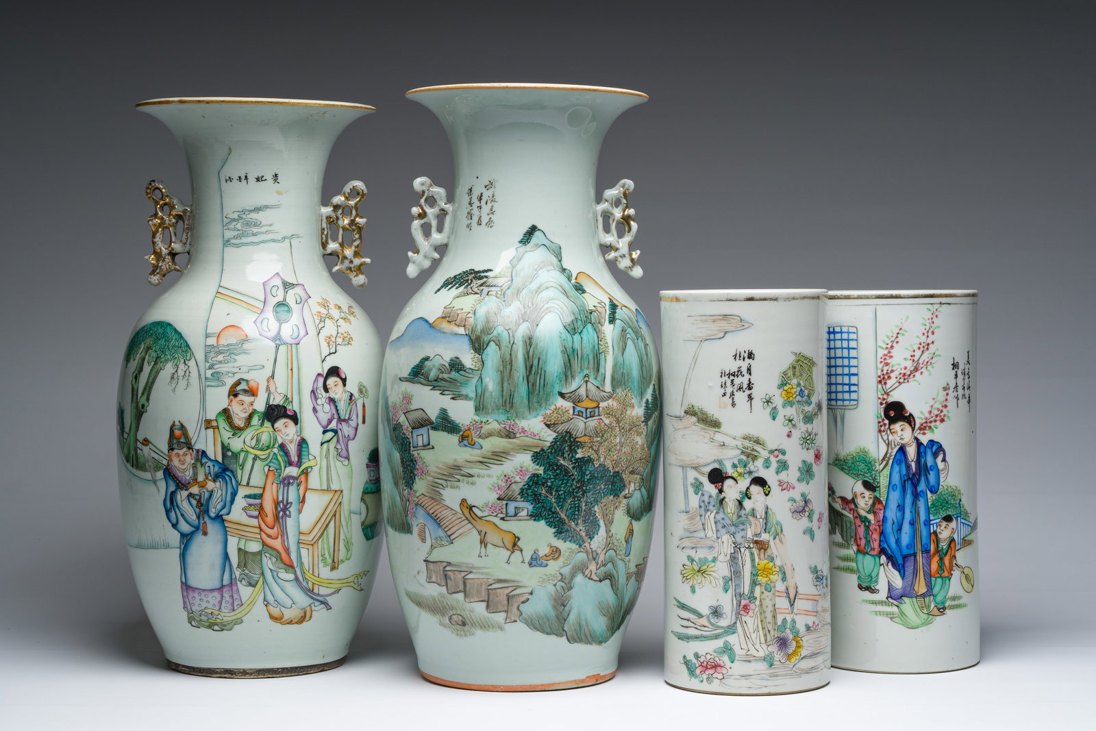 Two Chinese famille rose vases and two hatstands with figurative design, 19th/20th C. (1 of 7)