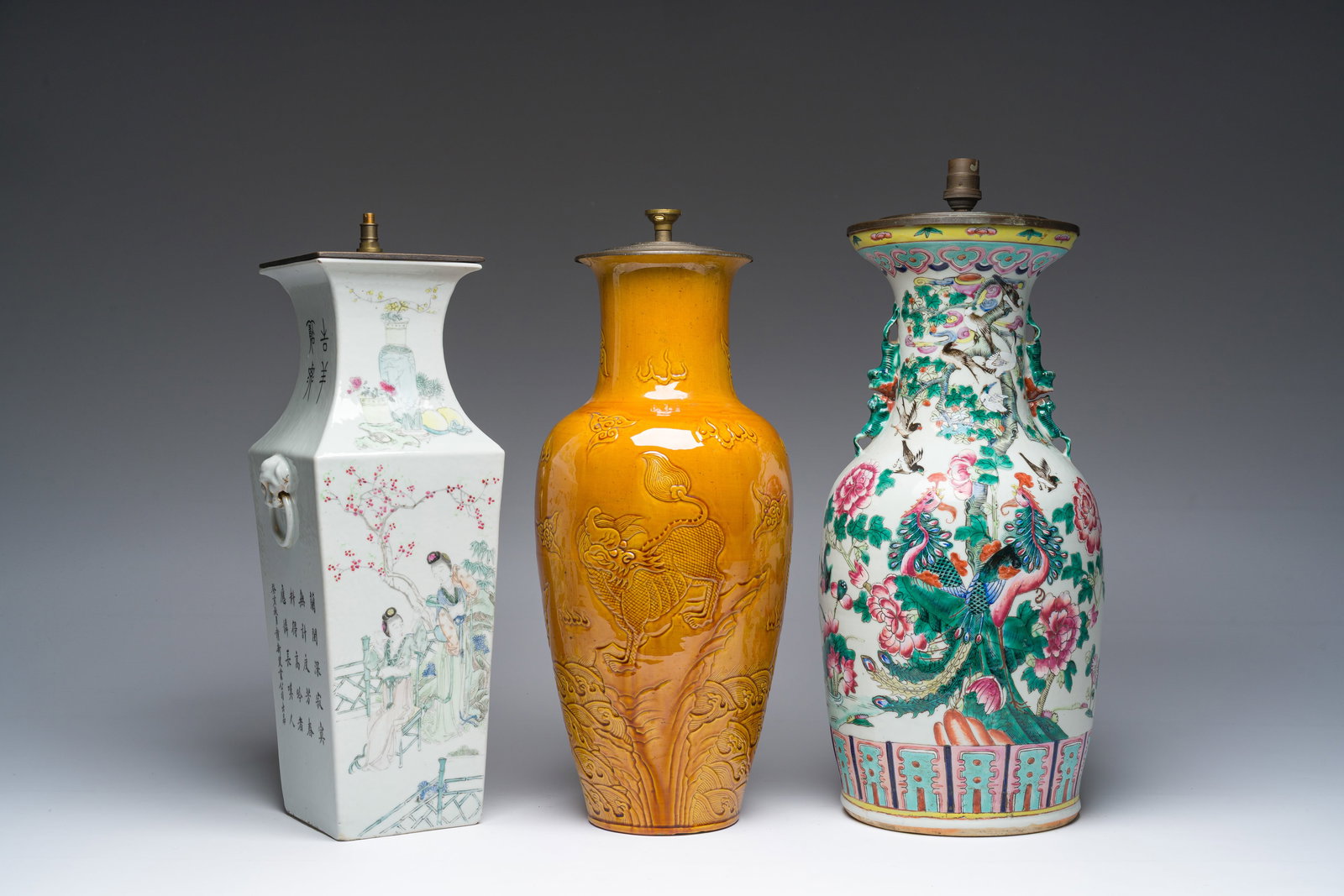Three Chinese famille rose, qianjang cai and monochrome vases mounted into lamps, 19th/20th C. (1 of 7)