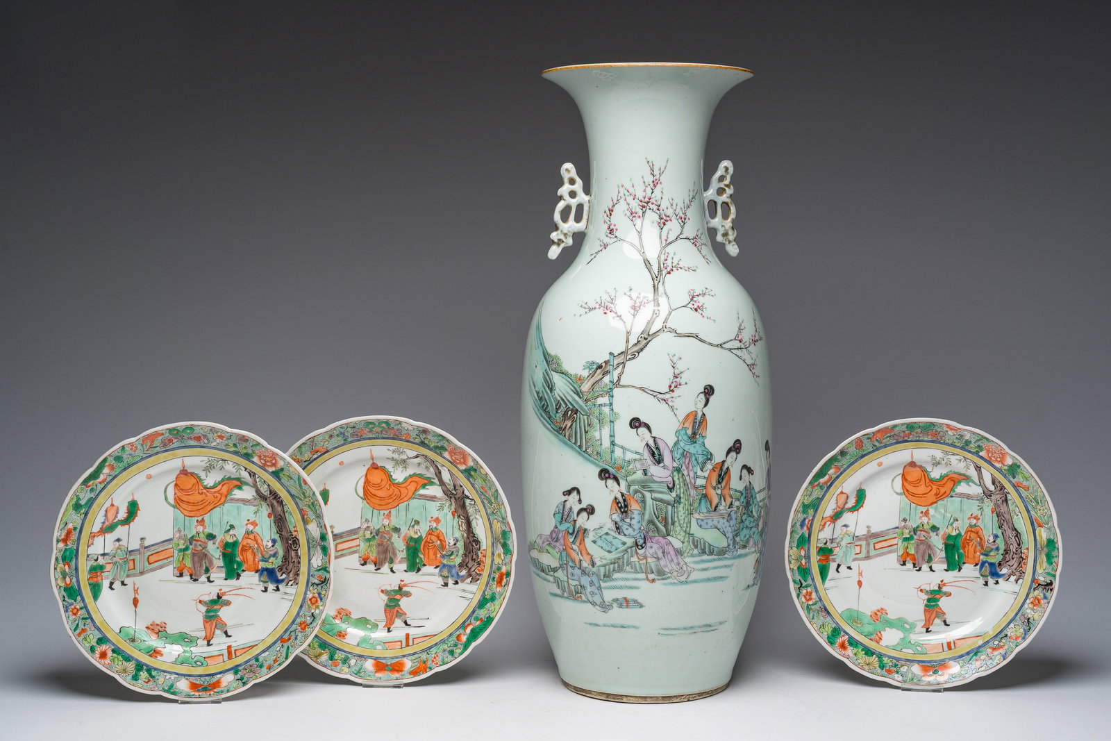 Three Chinese famille verte plates with palace scenes and a famille rose vase with ladies in a (1 of 9)