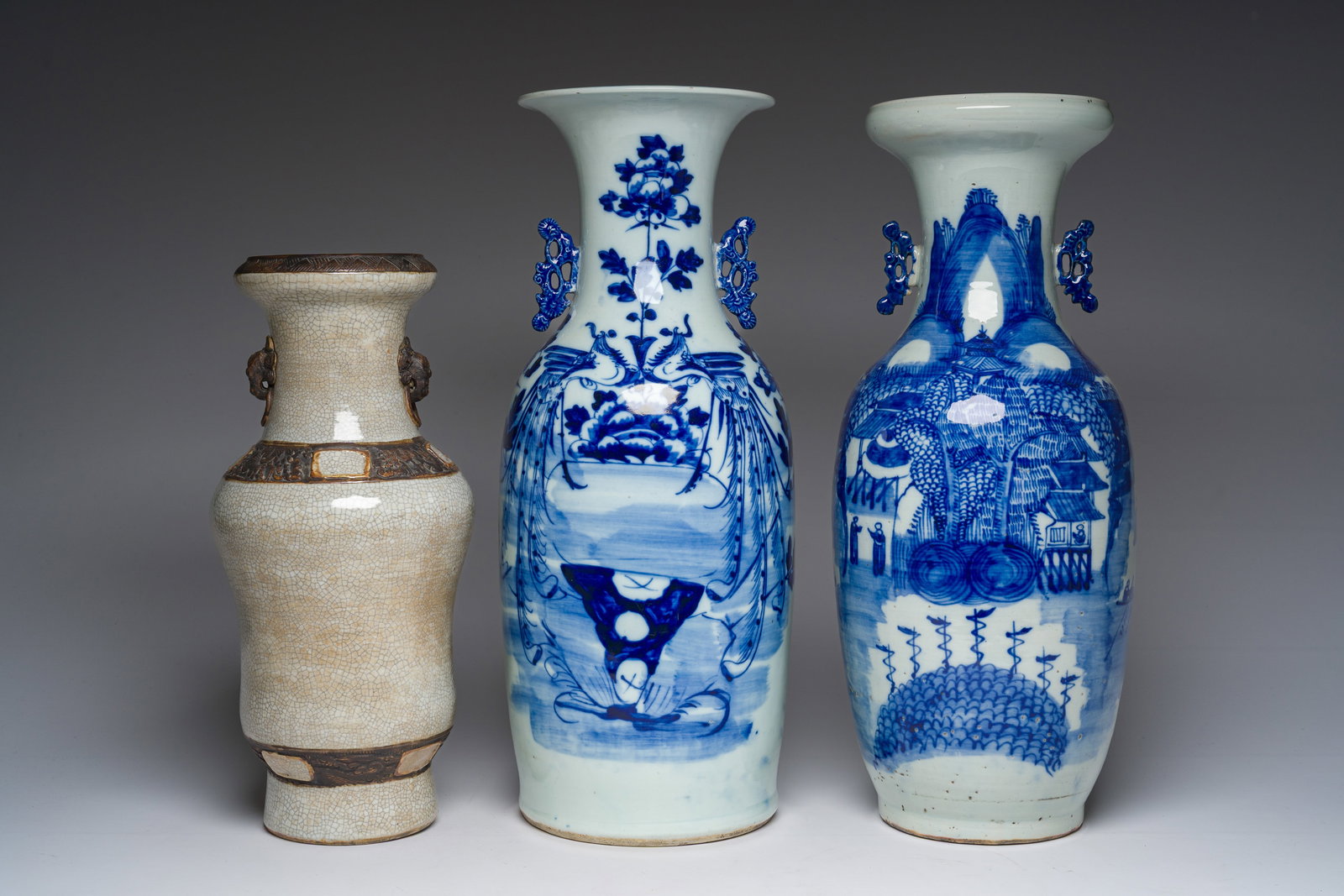 A Chinese Nanking crackle glazed vase and two Chinese blue and white celadon ground vases, 19th C. (1 of 6)