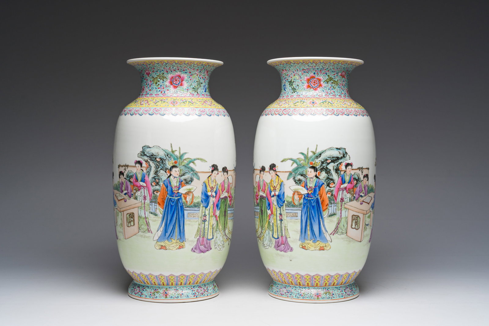 A pair of Chinese famille rose vases with court ladies relaxing in a palace garden, Qianlong mark, (1 of 6)