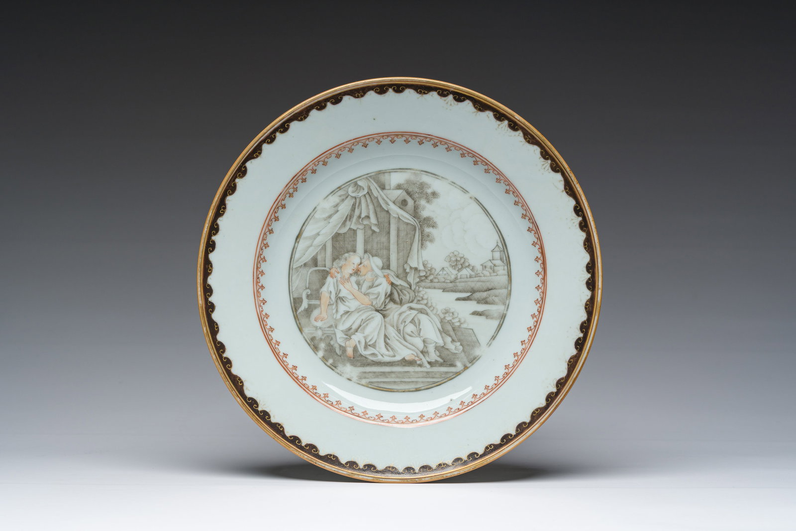 A Chinese gilt and grisaille plate with a couple, Qianlong (1 of 4)