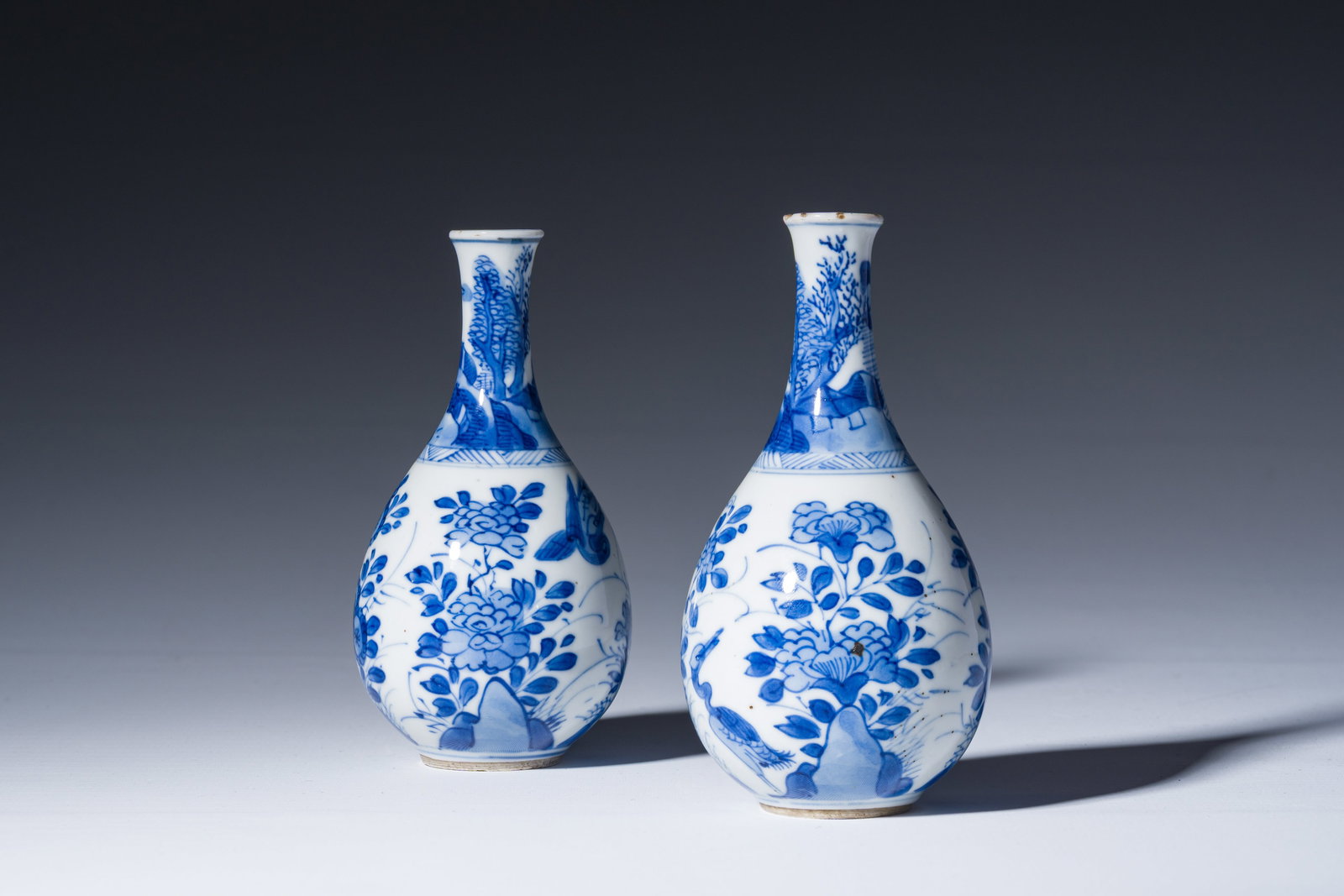 A pair of Chinese blue and white pear-shaped 'cranes' vases, Kangxi (1 of 8)