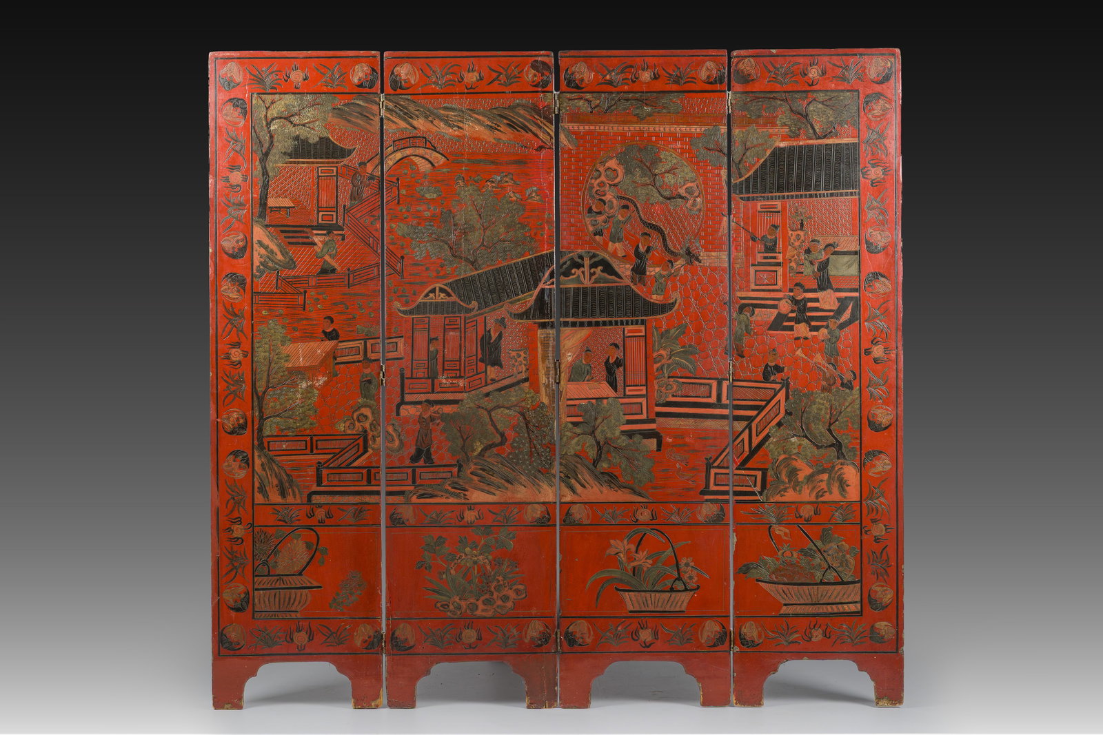 A Chinese four-panel polychrome lacquer room divider, 19th/20th C. (1 of 13)