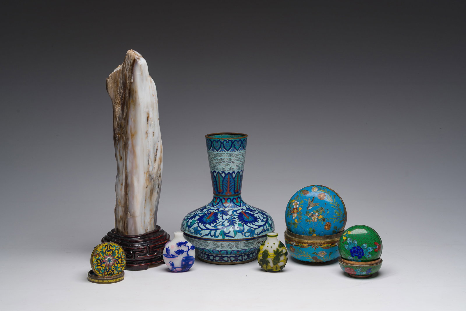 Three Chinese cloisonne boxes and covers, a vase, two multilayered glass snuff bottles and a (1 of 10)