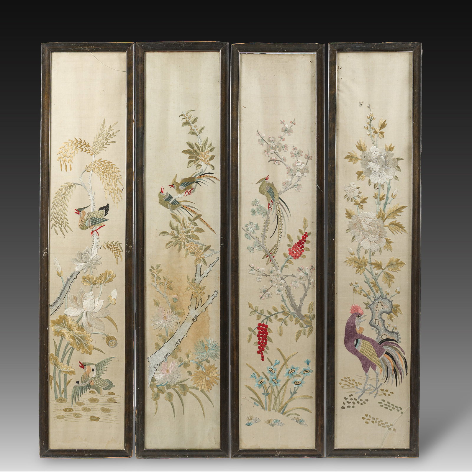 Four Chinese vertical silk embroideries with birds among blossoming branches, 20th C. (1 of 8)