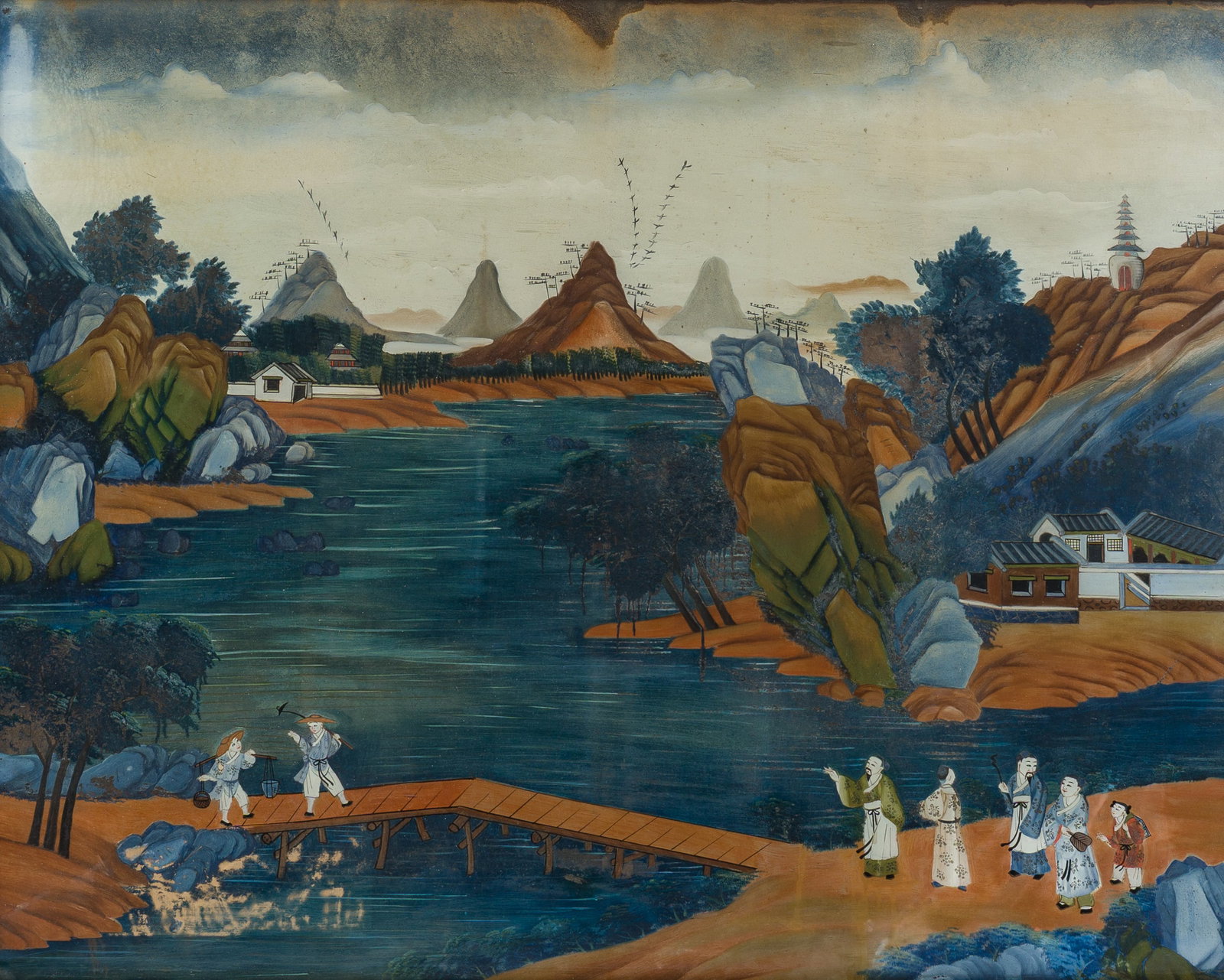 Chinese school: figures by the lake in an animated mountain landscape, reverse glass painting, (1 of 7)