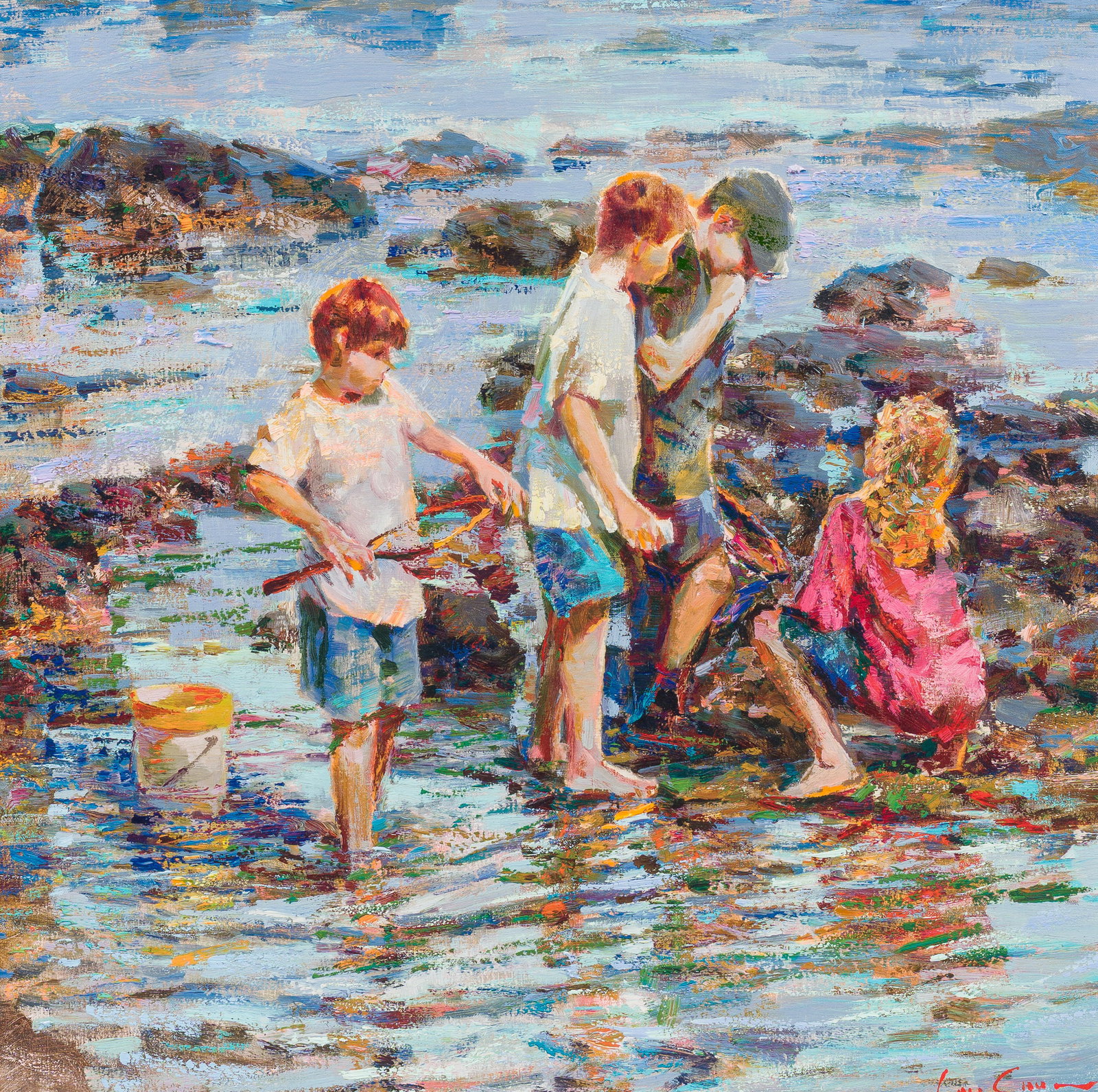 Lau Chun (1942): The little fishermen on the beach, oil on canvas (1 of 6)