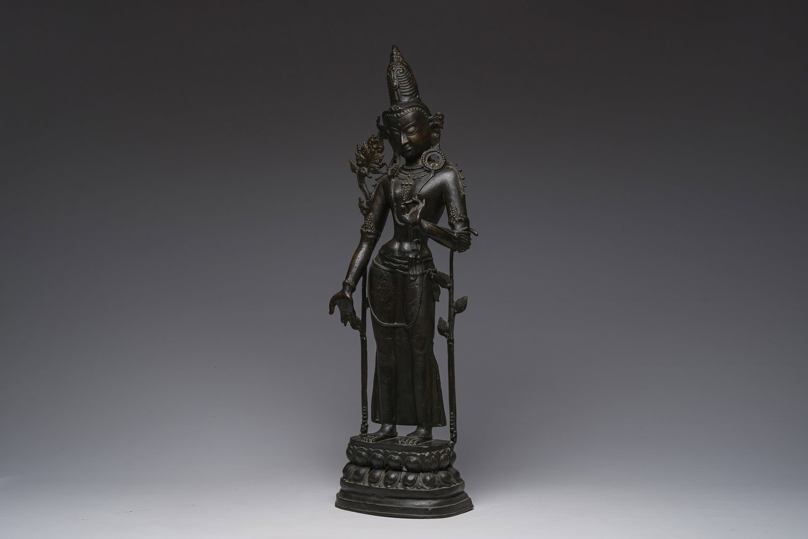 A large Nepalese patinated bronze figure of a standing Tara on a lotus throne, 19th/20th C. (1 of 9)