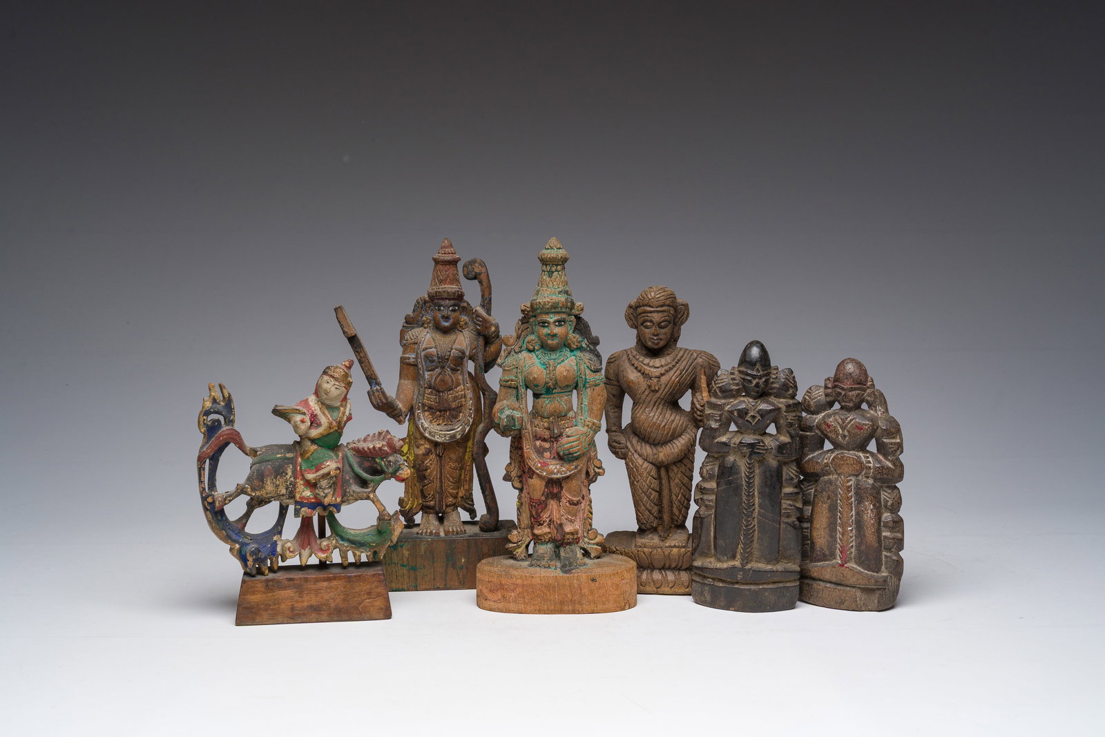 Six Indian partly polychromed wooden sculptures, 19th/20th C. (1 of 7)