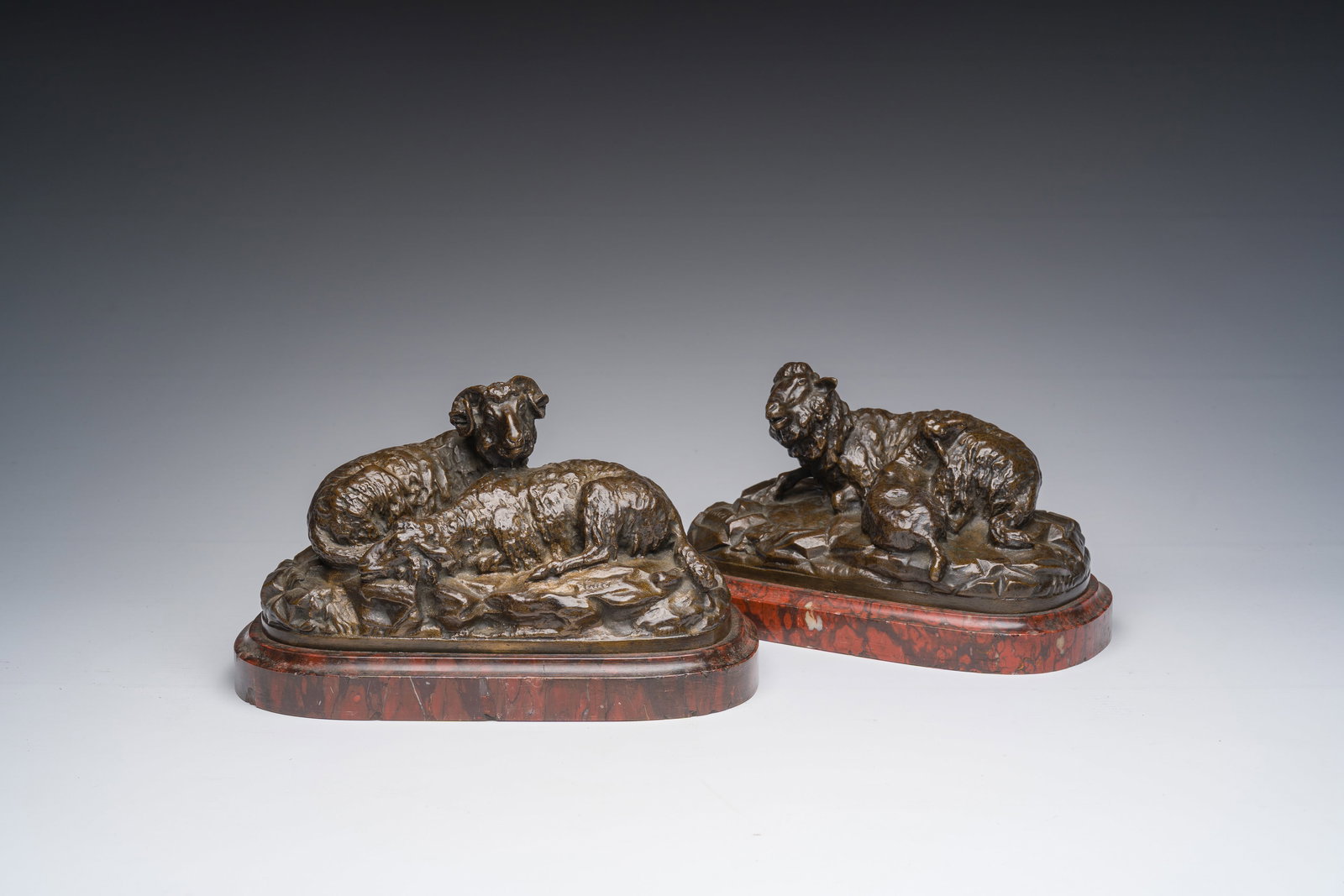 European school, signed Buci (19th/20th C.): Two groups with sheep, brown patinated bronze on a red (1 of 12)