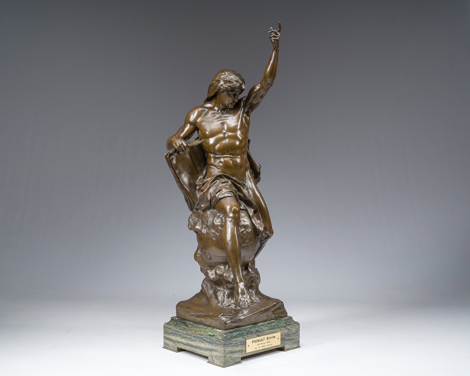 Emile Louis Picault (1833-1915): 'Ad lumen', brown patinated bronze on a vert e mer marble base, (1 of 18)