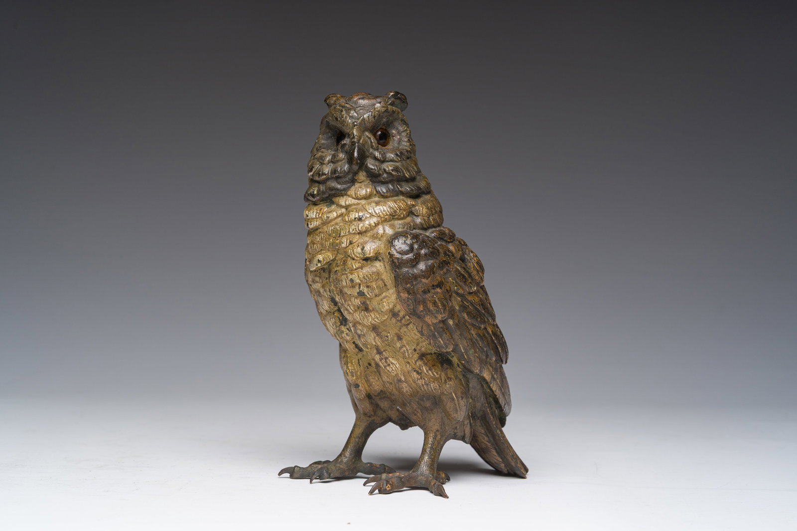 A Viennese polychrome cold painted bronze model of an owl, 19th/20th C. (1 of 8)