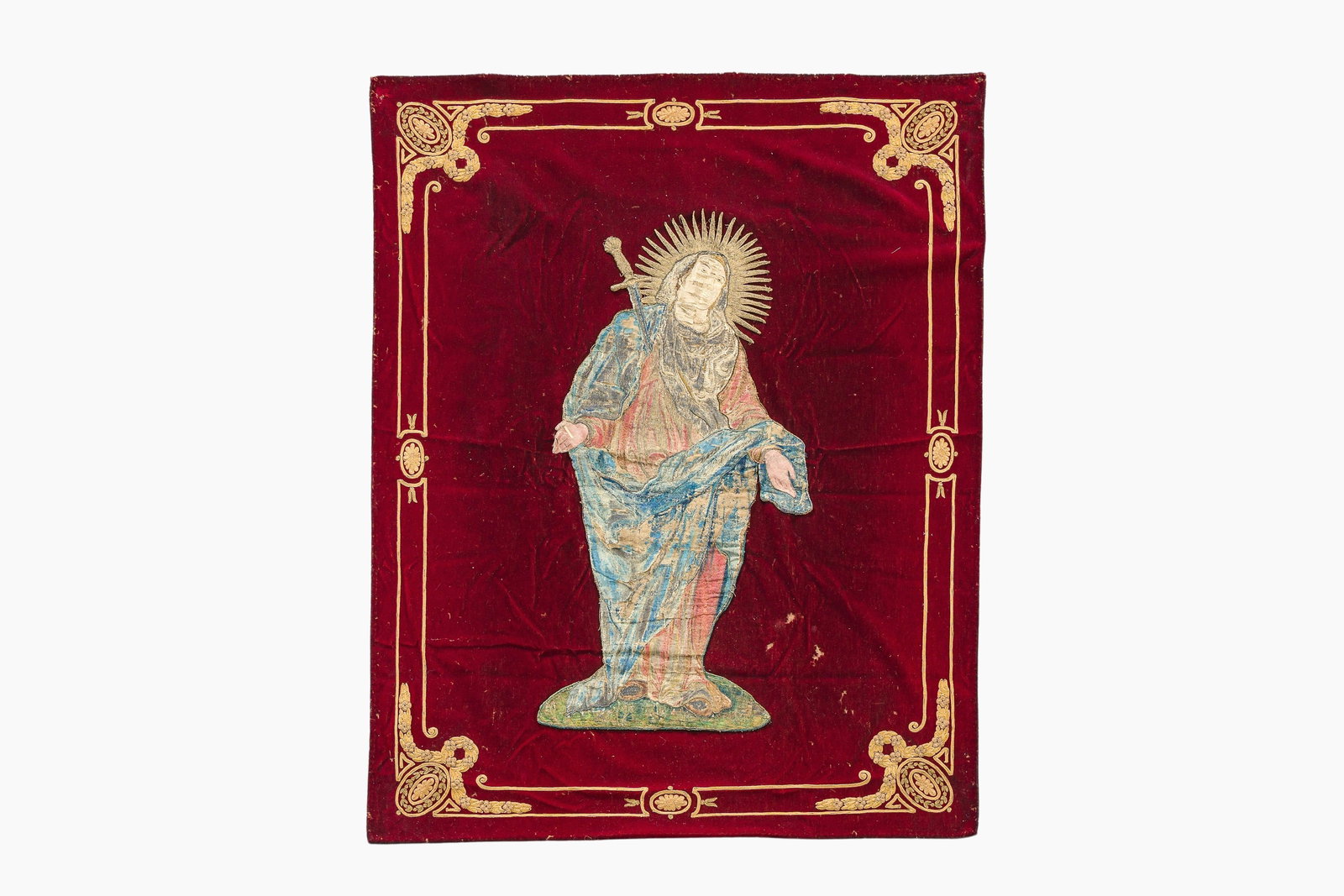A Flemish religious embroidery with gold thread depicting Our Lady of Sorrows, 17th C. and later (1 of 4)