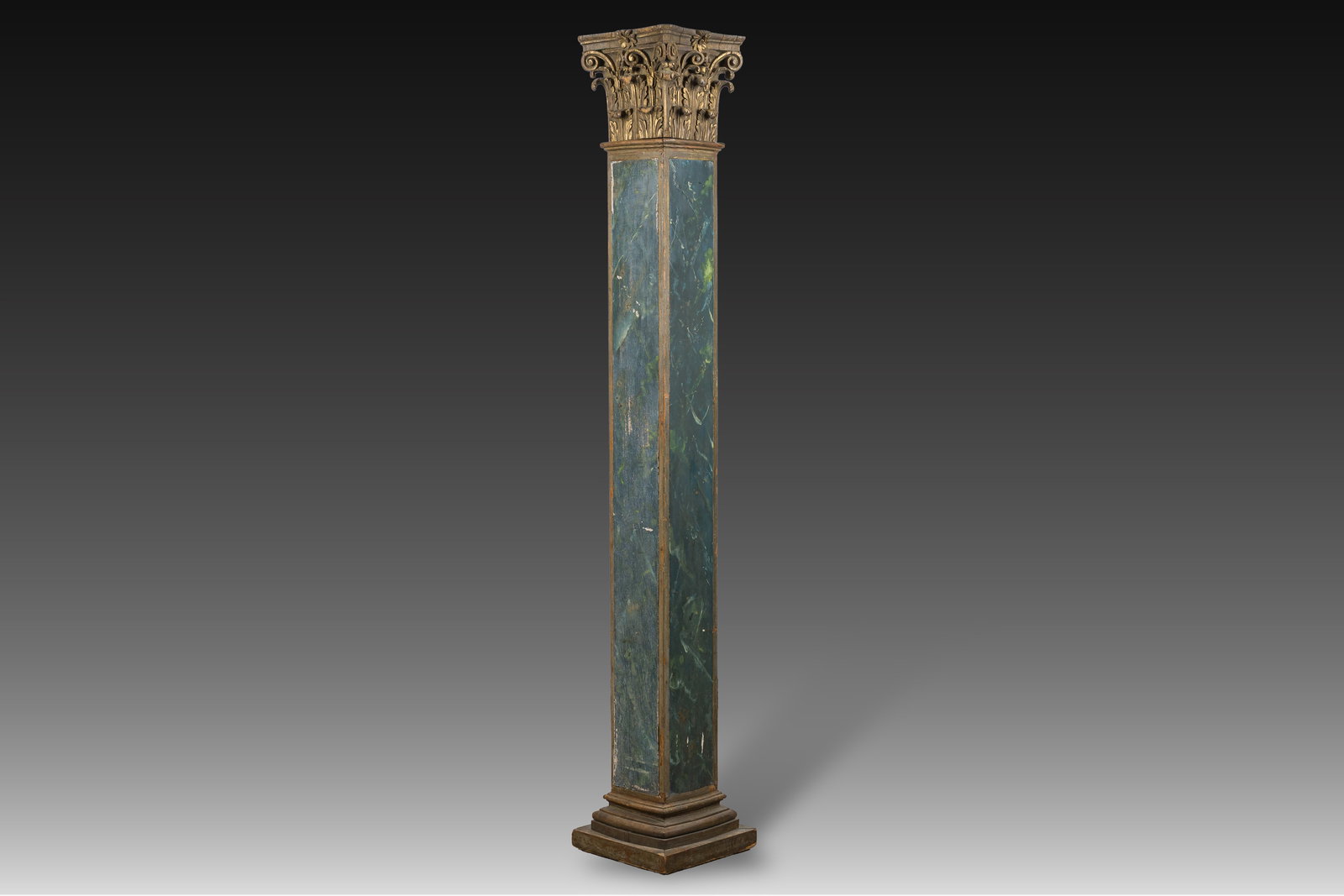 A square wooden column with green faux marble painting topped with a gilded Corinthian capital, 20th (1 of 5)