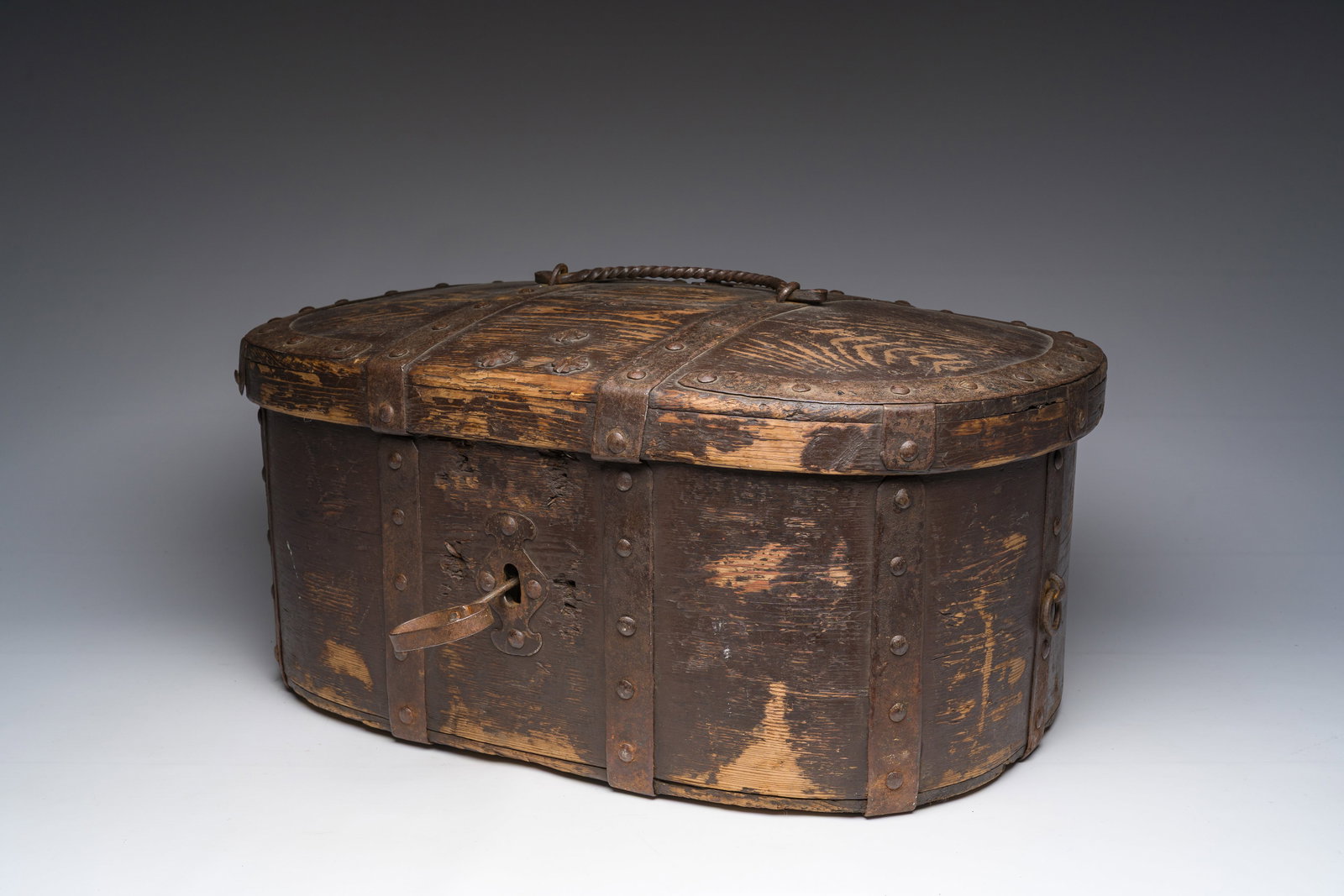 A Swedish wrought iron mounted bentwooden travel chest, 18th C. (1 of 13)
