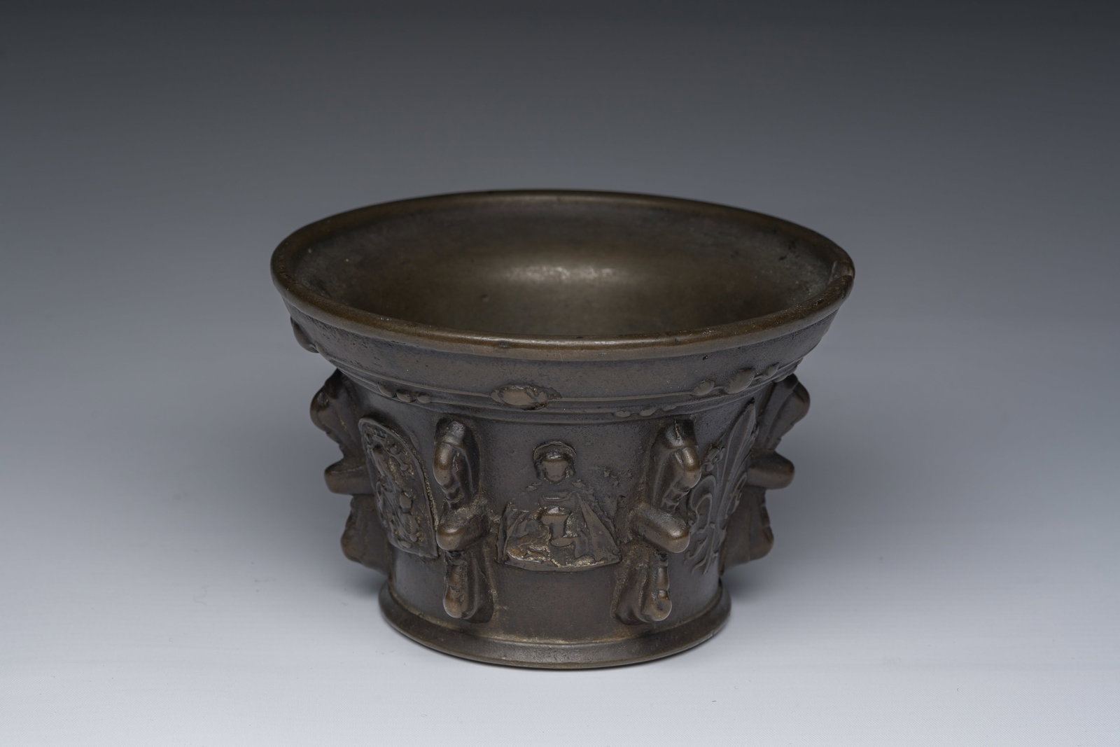 A French bronze mortar with religious relief design, presumably Le Puy-en-Velay, 16th C. (1 of 7)