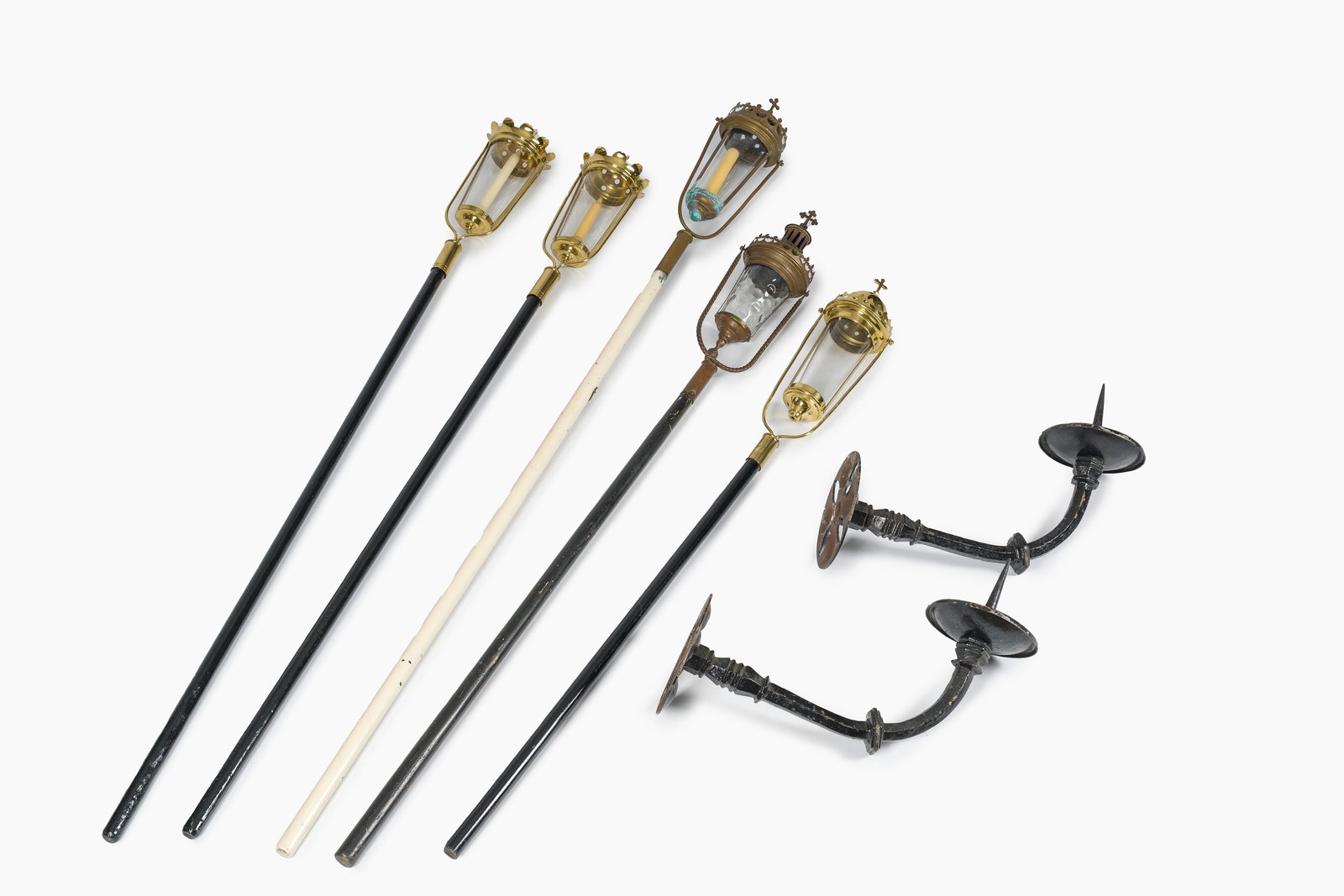 Five Gothic revival brass procession lanterns with patinated wooden poles and a pair of wrought-iron (1 of 7)