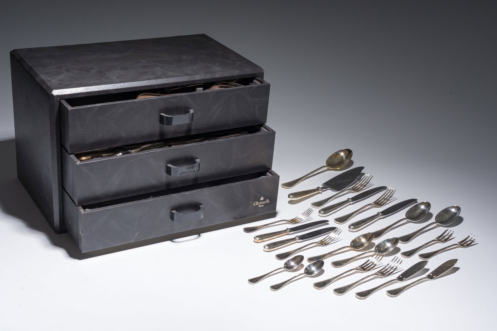 A French 93-piece silver-plated cutlery set in the original case, model Perles, Christofle, 20th C. (1 of 7)