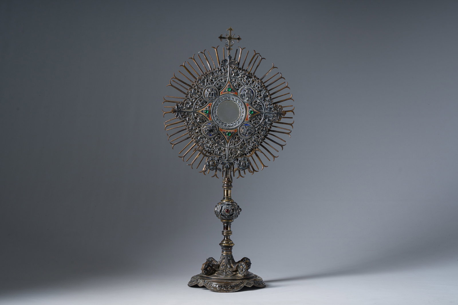 A French Gothic revival monstrance in partly gilt silver with the four Evangelists, maker's mark (1 of 16)