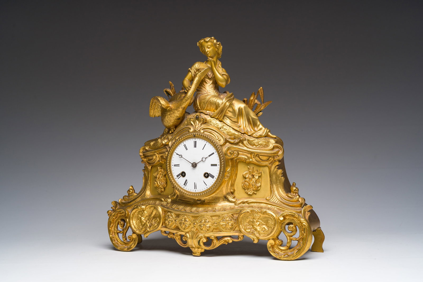 A French gilt bronze 'Leda and the Swan' mantel clock, 19th C. (1 of 11)